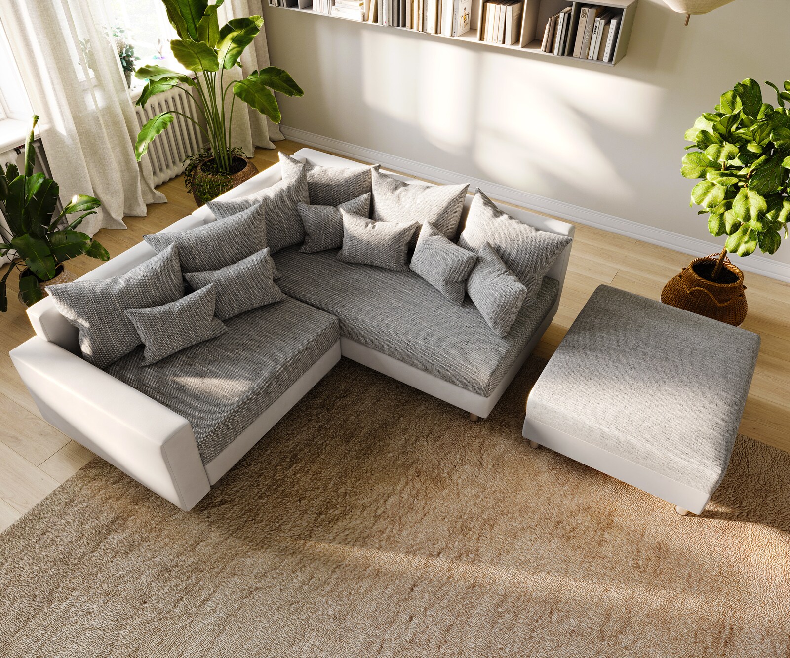 Canapé-d'angle Clovis Blanc Gris clair Tabouret modulaire Accoudoir Pouf Droit 5