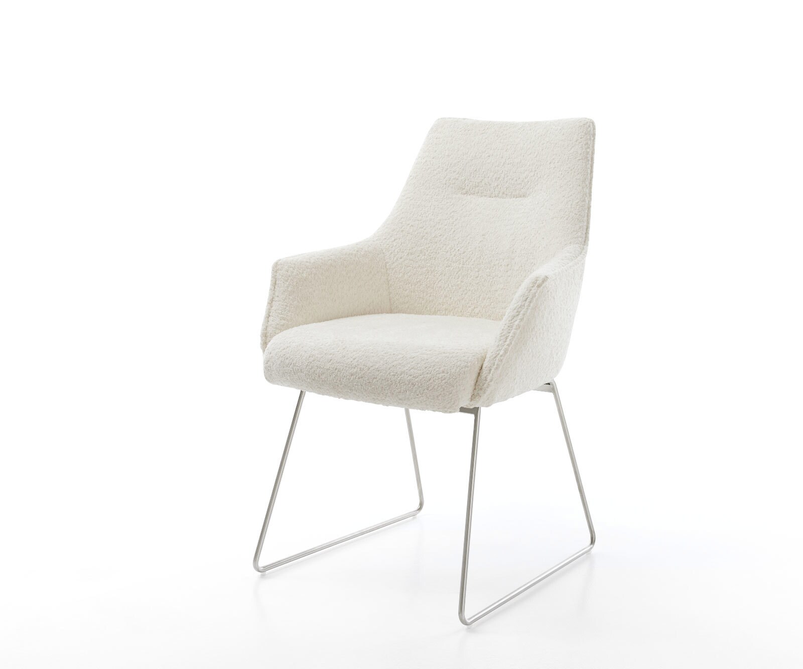 Chaise-de-salle-à-manger Alja-Flex avec accoudoirs bouclé blanc pied trapèze acier inoxydable brossé ressorts ensachés