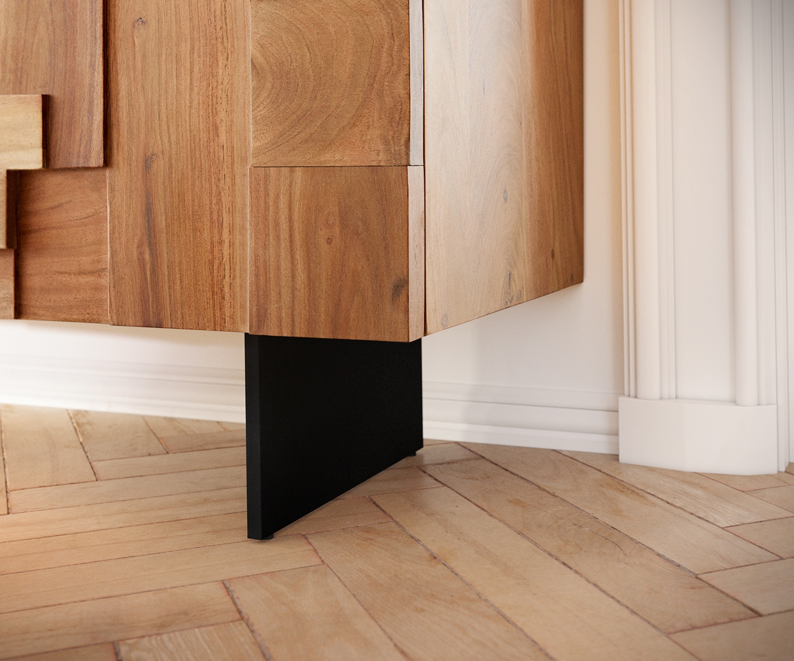 Buffet Puzzle 175 cm acacia naturel 3 portes pied flottant métal noir 6 Buffet Puzzle 175 cm acacia naturel 3 portes pied flottant métal noir 6