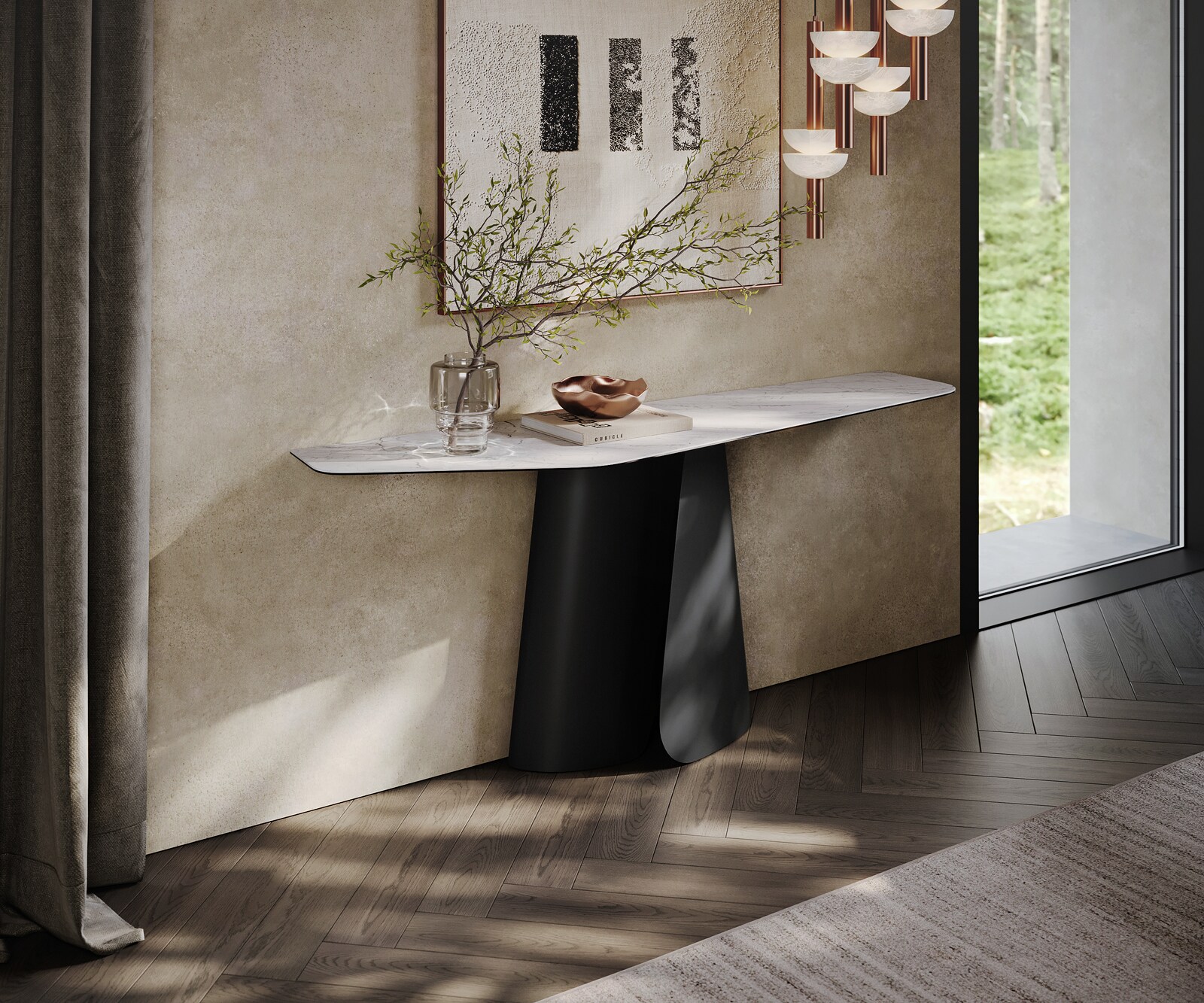 Console Edge Polygonal 180x50 cm Céramique Laminam® Statuarietto Weiß Livos Métal Noir 3