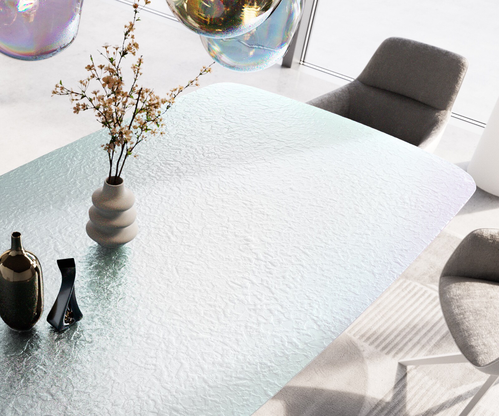 Table à manger Edge Boot 240x120 verre en relief Perlmutt 3D-Design Estelar rond métal blanc 4