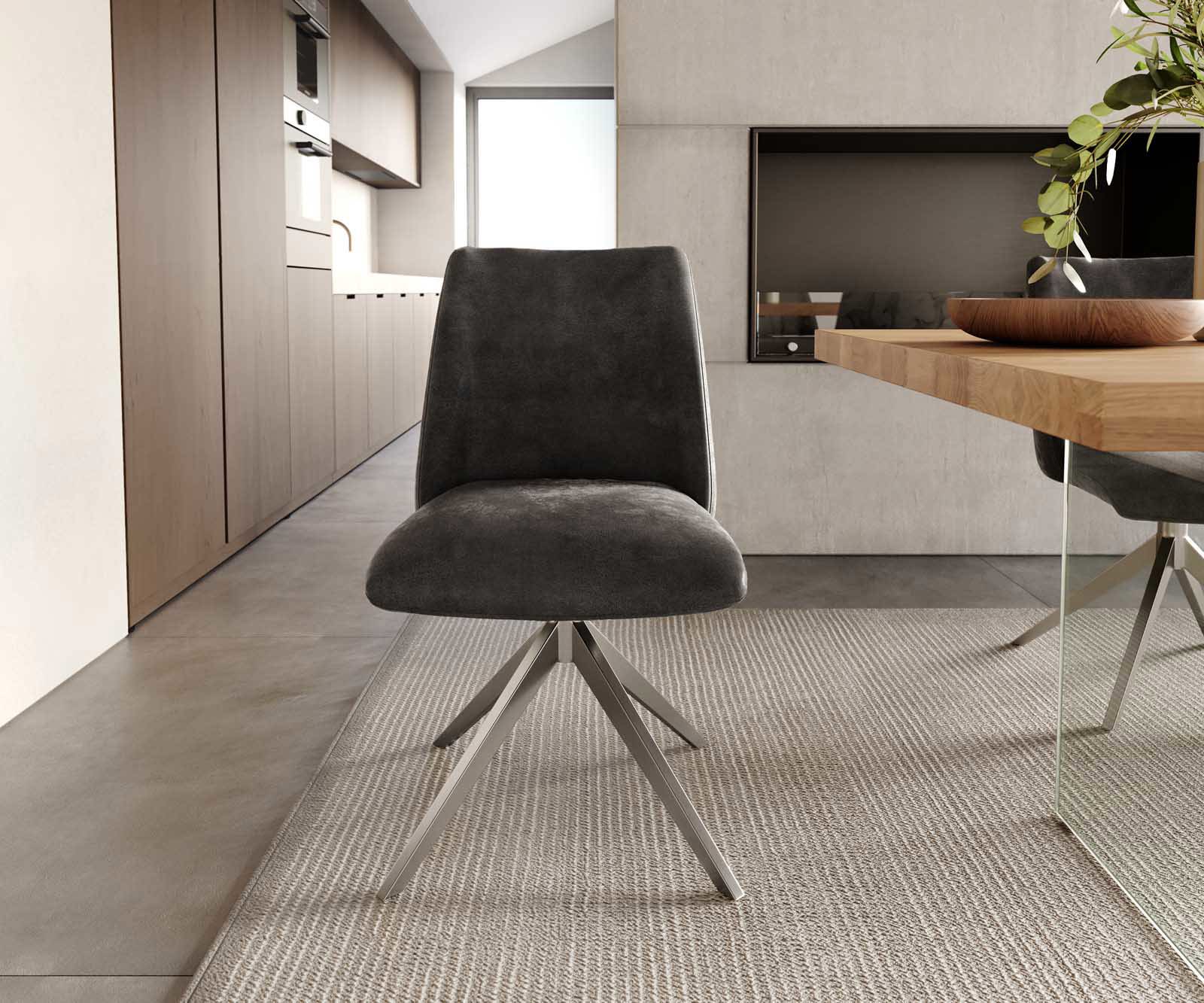 Chaise-pivotante Elso-Flex microvelours anthracite vintage pied croisé large acier inoxydable brossé pivotement sur 360° ressorts ensachés 1