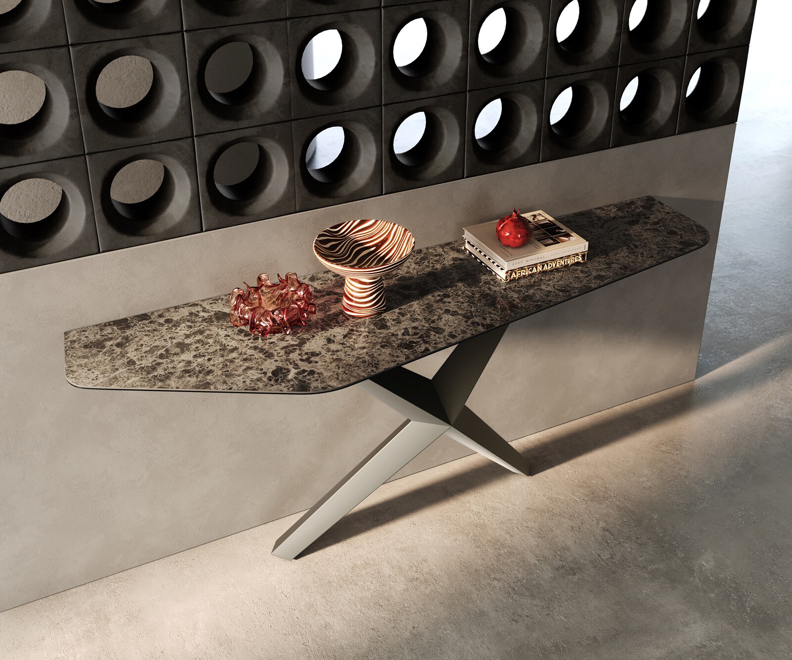 Console Edge Polygonal 180x50 cm Céramique Emperador Extra Lucidato Dunkelbraun Zentharo Métal Effektfinish Titan 2