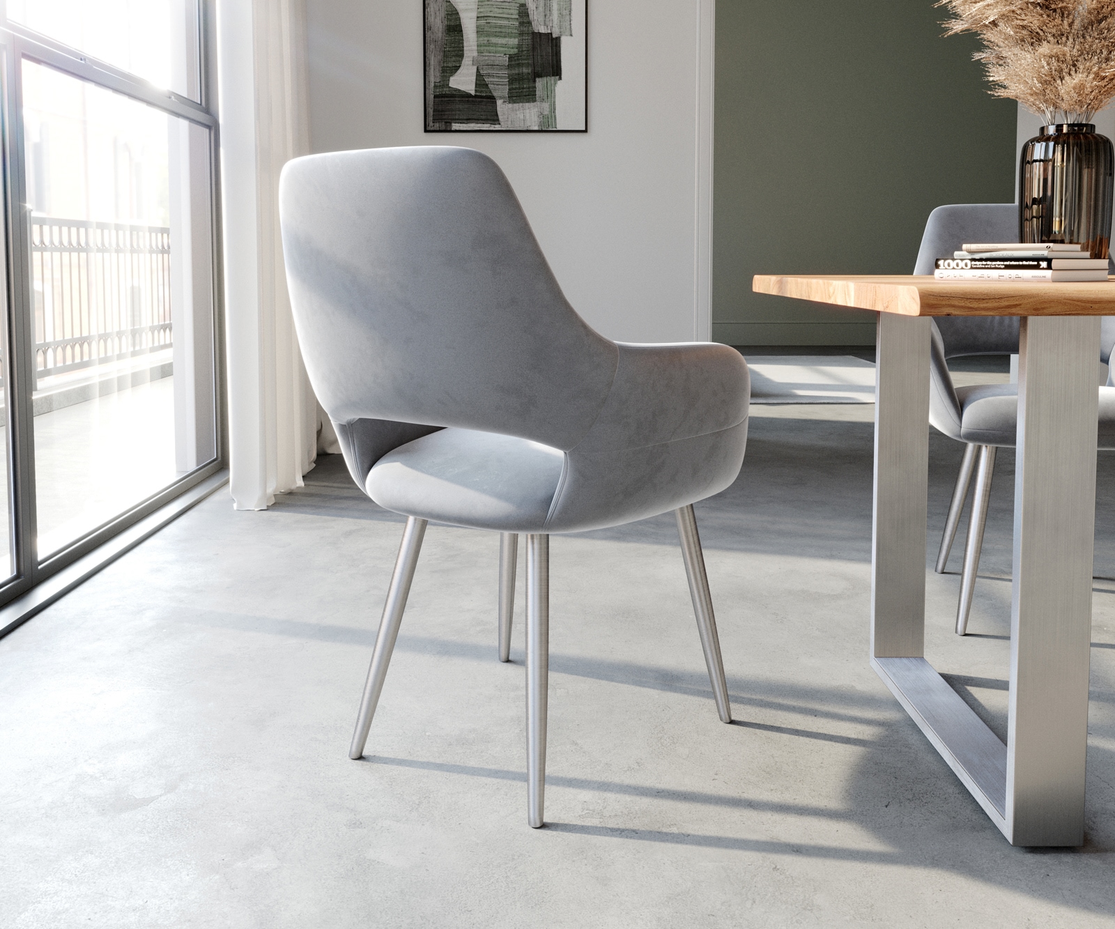 Chaise-de-salle-à-manger Yago-Flex avec accoudoirs velours gris 4 pieds coniques acier inoxydable brossé ressorts ensachés 4 Chaise-de-salle-à-manger Yago-Flex avec accoudoirs velours gris 4 pieds coniques acier inoxydable brossé ressorts ensachés 4