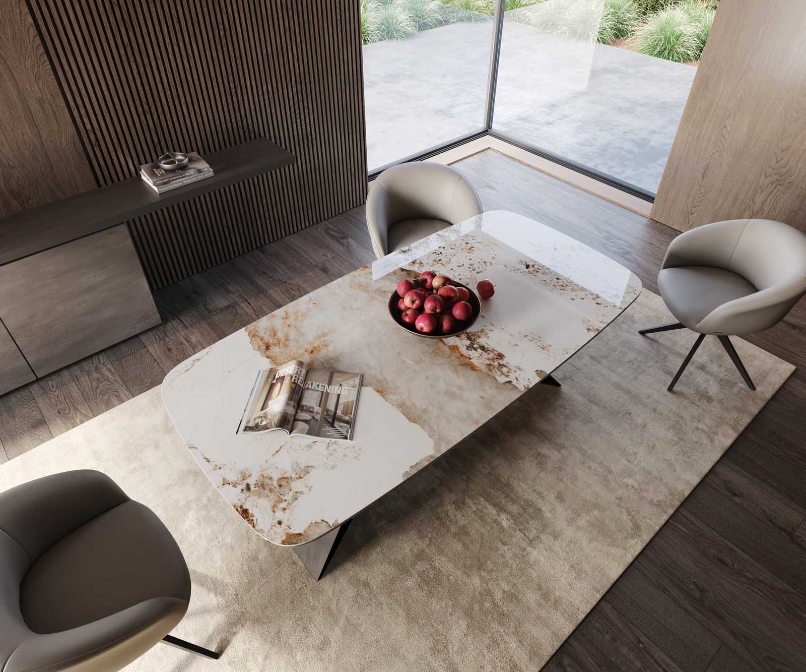 Table à manger Edge en forme de bateau 200x100 céramique Minas mélange blanc-beige cadre en V acier plat noir 4 Table à manger Edge en forme de bateau 200x100 céramique Minas mélange blanc-beige cadre en V acier plat noir 4