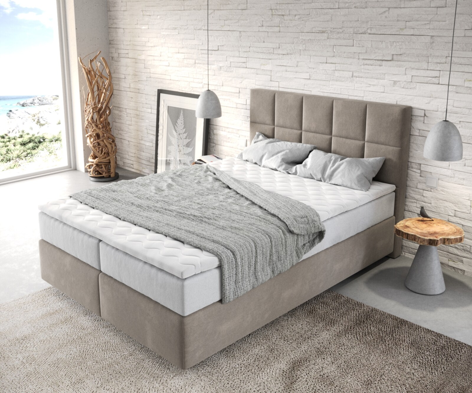 Lit-à-sommier-tapissier  Dream-Fine 140x200 cm Microfibre Beige avec matelas TFK et surmatelas viscoélastique 3