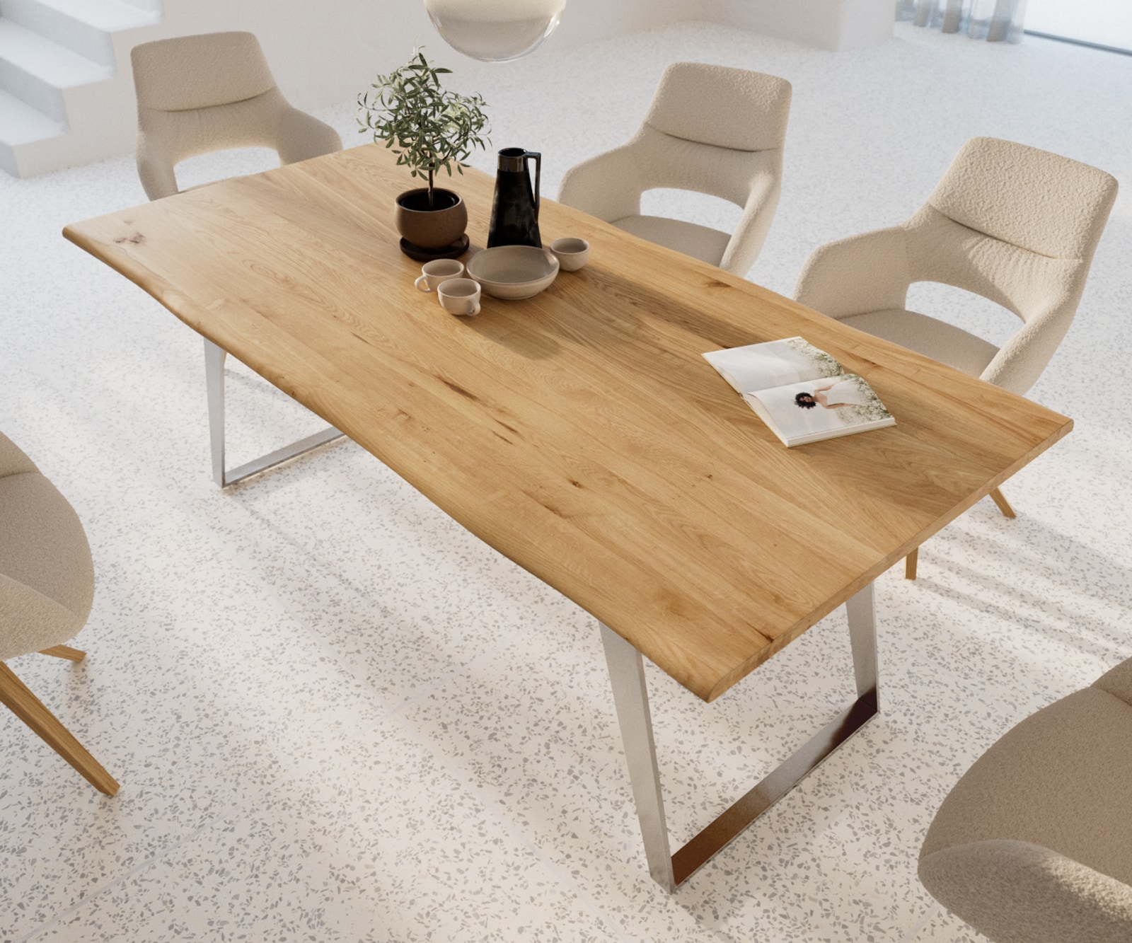 Table à manger Edge 200x100x2,5-3 chêne nature acier inoxydable inclinée Live-Edge 3 Table à manger Edge 200x100x2,5-3 chêne nature acier inoxydable inclinée Live-Edge 3