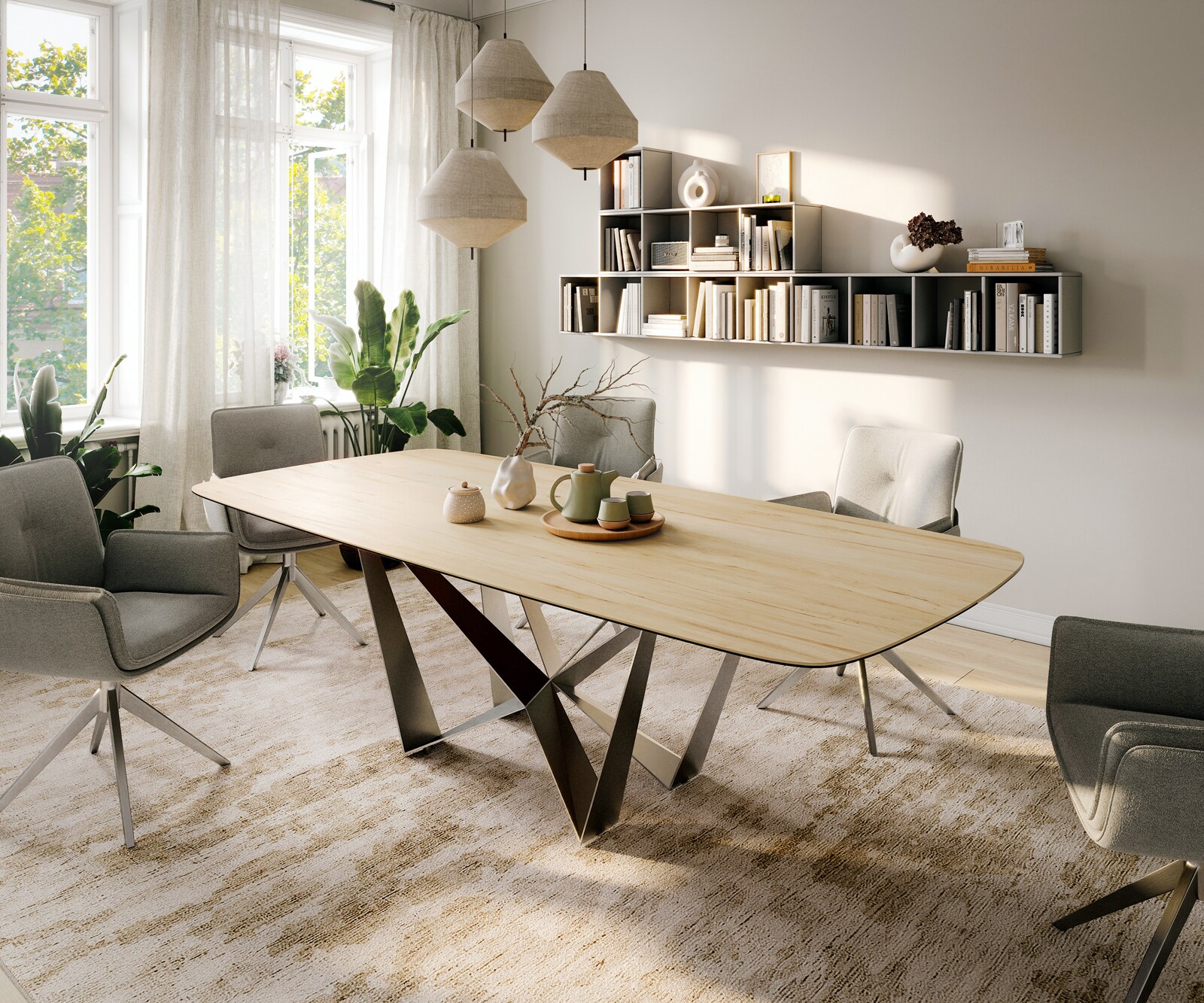 Table à manger Edge Boot 260x120 cm Céramique Laminam® Sabbia Eichefarbig Spider Flachstahl Acier inoxydable 1