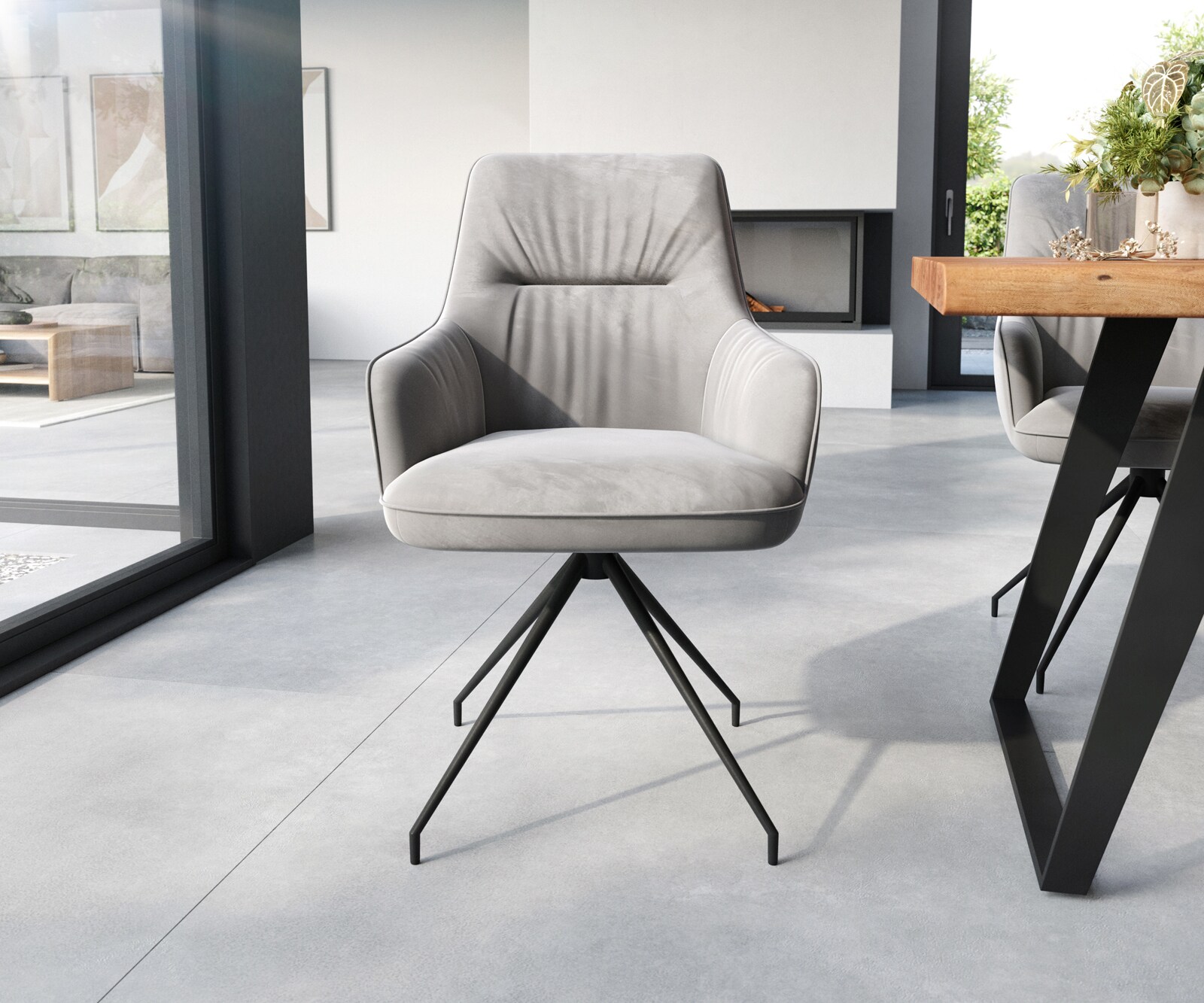 Chaise-de-salle-à-manger Zelia-Flex avec accoudoirs velours gris pied croisé conique noir ressorts ensachés 2