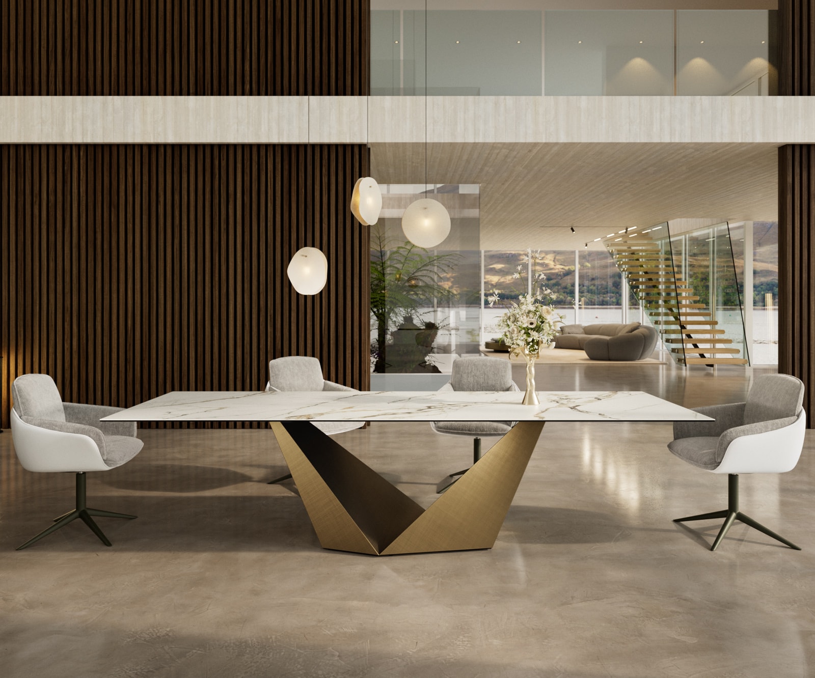 Table à manger Edge 300x100 céramique Calacatta Luxe blanc-doré-gris Prisma métallique doré Table à manger Edge 300x100 céramique Calacatta Luxe blanc-doré-gris Prisma métallique doré
