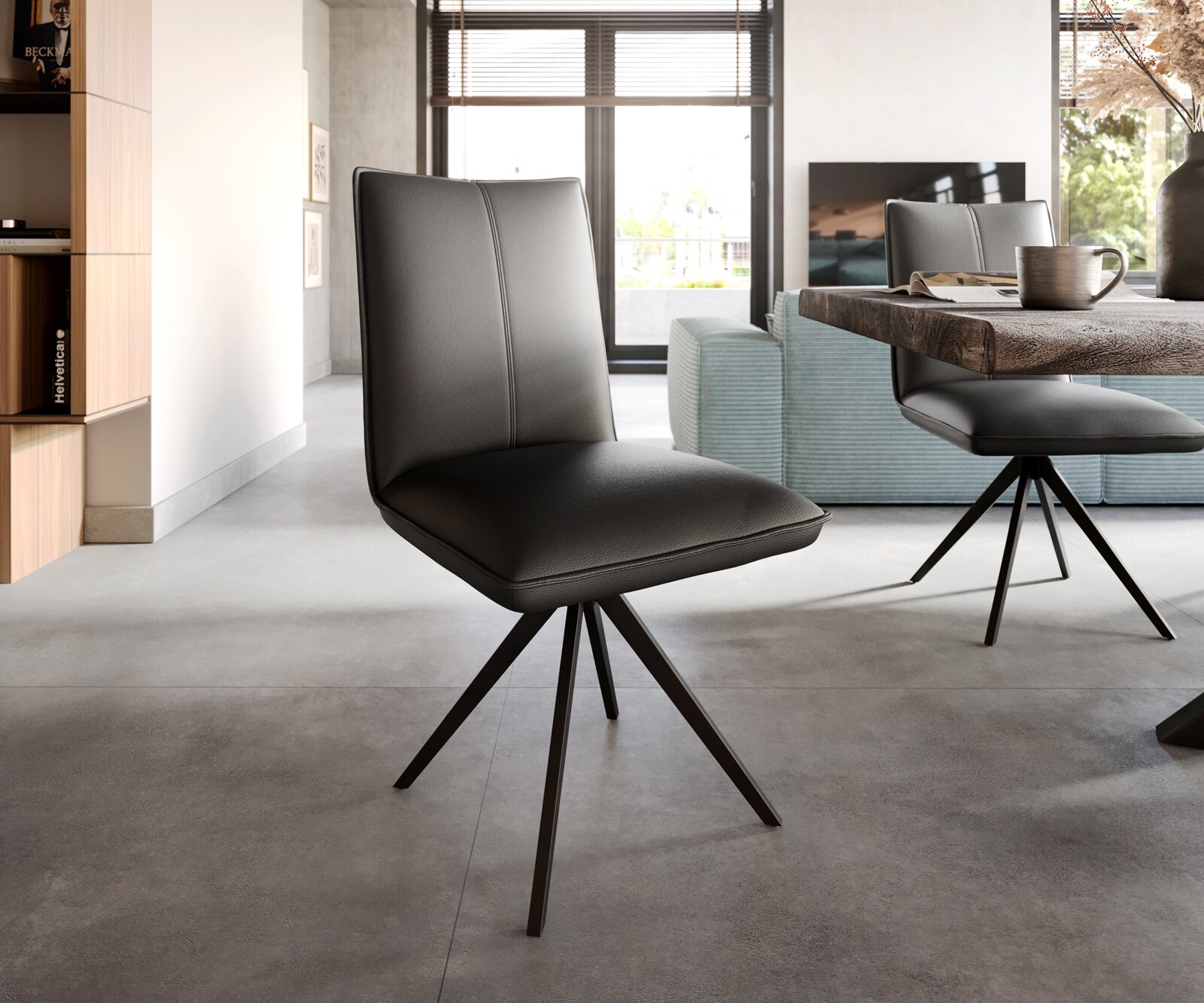 Chaise-de-salle-à-manger Lelio-Flex cuir de vache noir pied croisé large noir ressorts ensachés