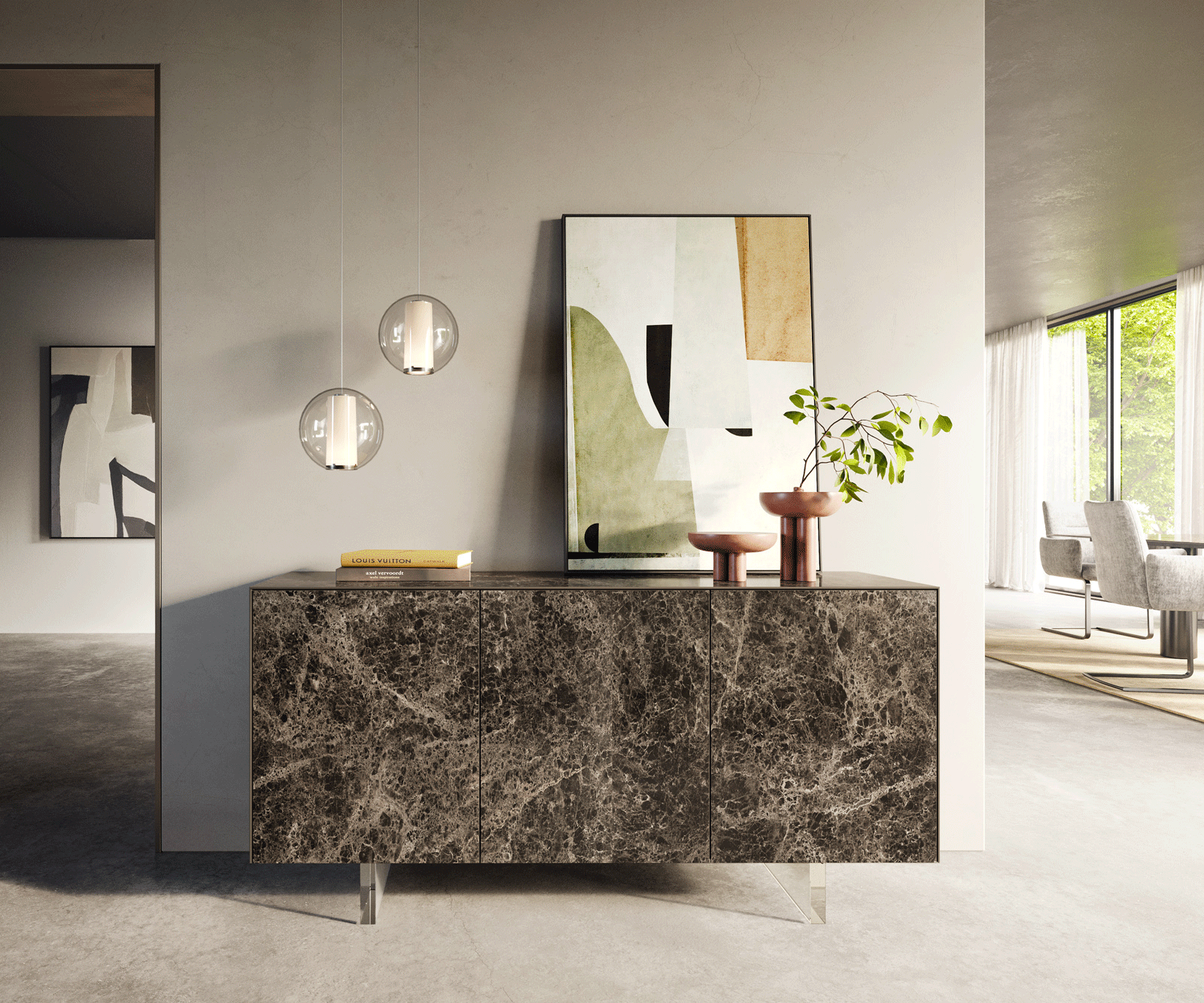 Buffet Cuor 150 cm Céramique Emperador Extra Lucidato brun foncé 3 Portes Pied optique flottant Verre acrylique 2