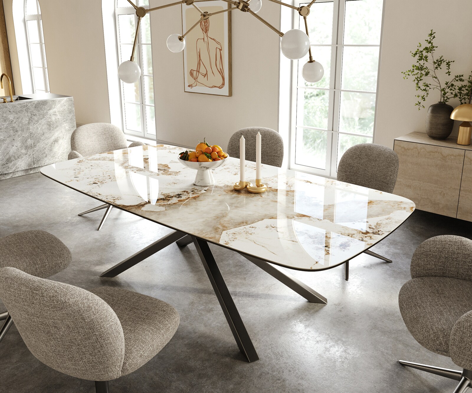 Table à manger Edge Boot 240x120 cm Céramique Minas Melange Blanc-Beige piètement en croix Rectangle Acier inoxydable Graphite 1