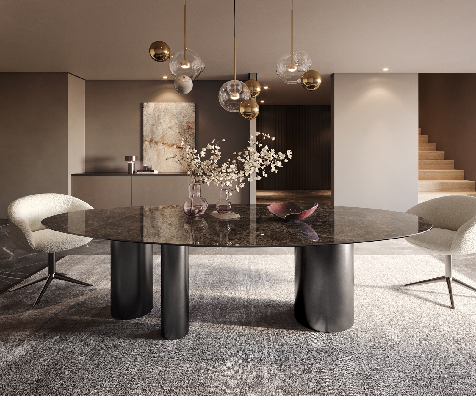 Table de salle à manger Edge Ovale Céramique Emperador Extra Lucidato Brun foncé 280x130 Troa Acier inoxydable Graphite 1