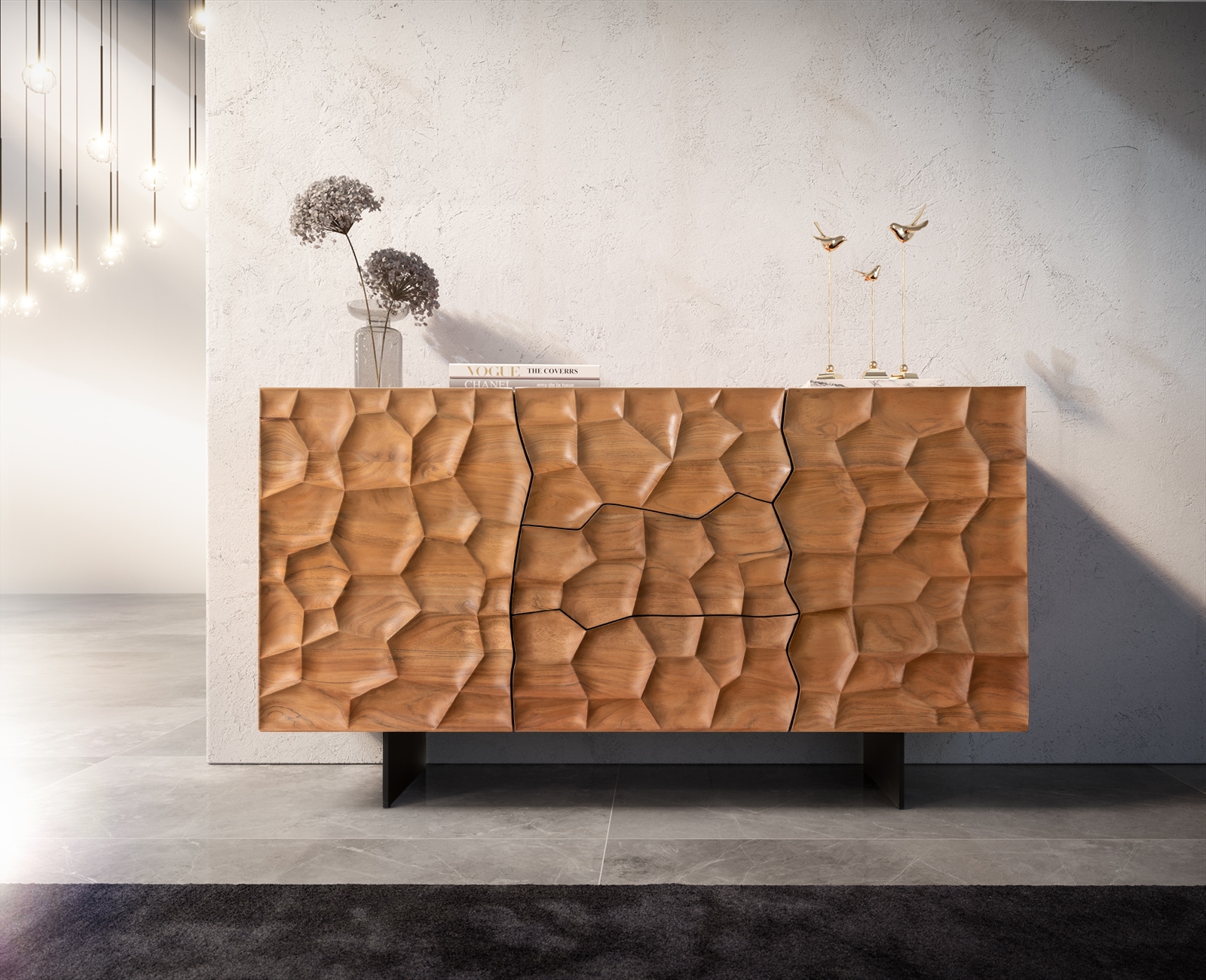 Buffet Solu 145 cm acacia naturel 2 portes 3 tiroirs pied flottant métal noir façade 3D 1 Buffet Solu 145 cm acacia naturel 2 portes 3 tiroirs pied flottant métal noir façade 3D 1