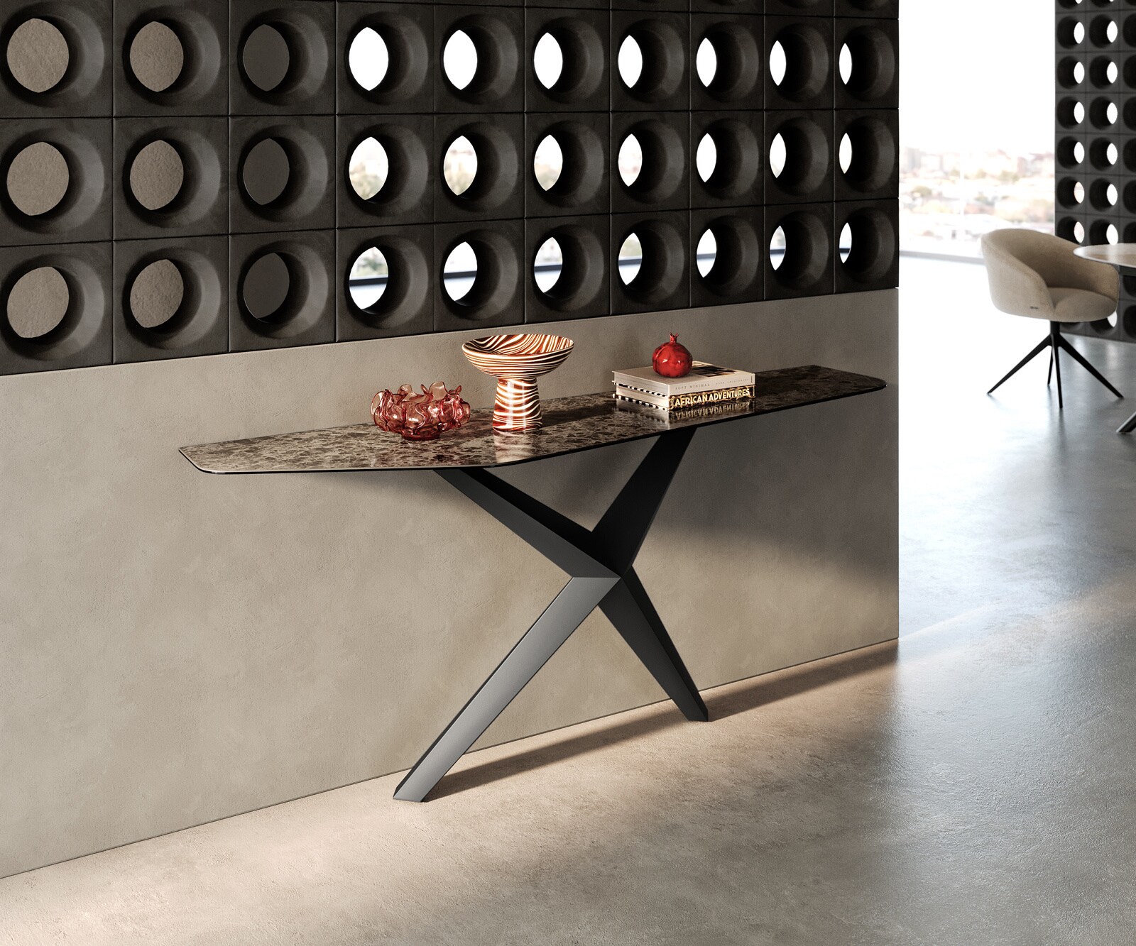 Console Edge Polygonal 180x50 cm Céramique Emperador Extra Lucidato Dunkelbraun Zentharo Métal Noir 4