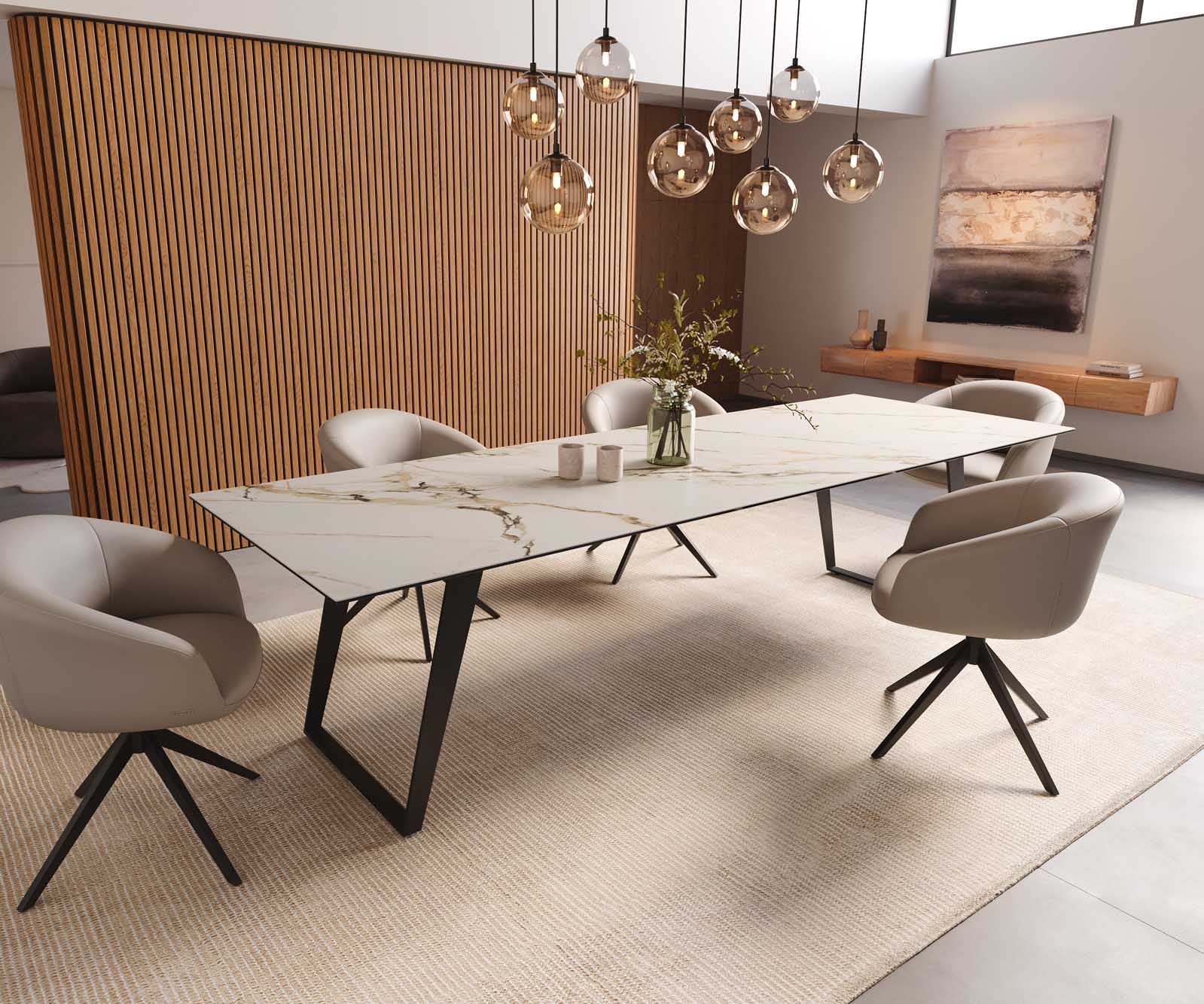 Table à manger Edge 300x100 céramique Calacatta Luxe blanc-doré-gris métal incliné noir 8