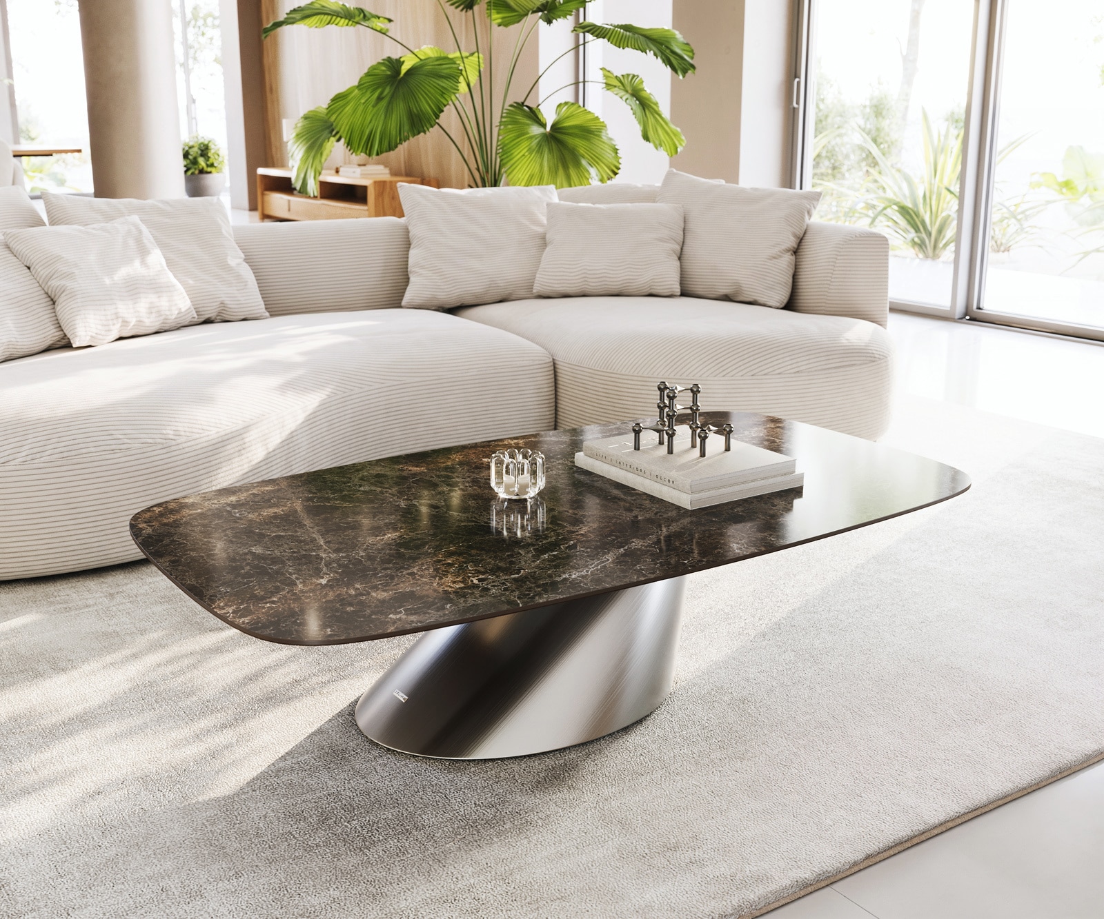 Table basse Edge bateau 140x80 cm céramique Emperador Extra Lucidato brun foncé Conis acier inoxydable brossé