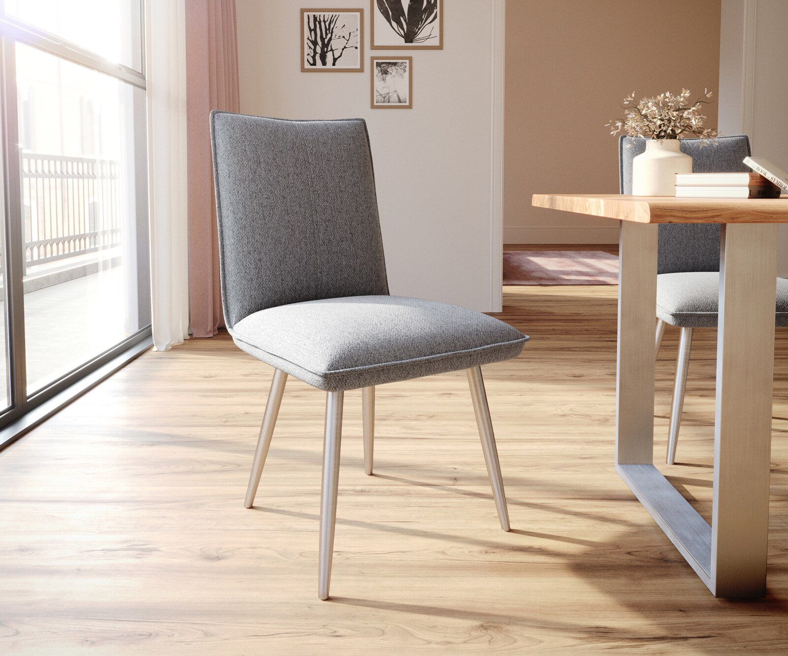 Chaise-de-salle-à-manger Lelio-Flex tissu texturé gris clair 4 pieds coniques acier inoxydable brossé ressorts ensachés