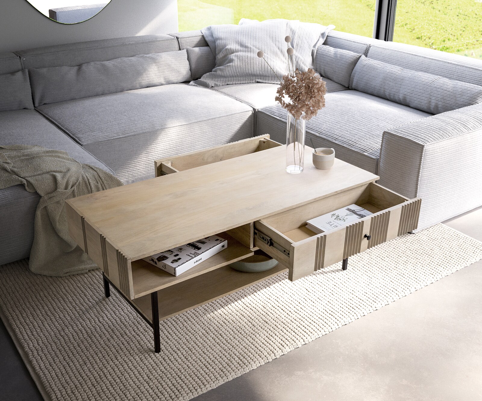 Table-basse Nereos 130x60 cm Manguier White Wash Métal noir 3