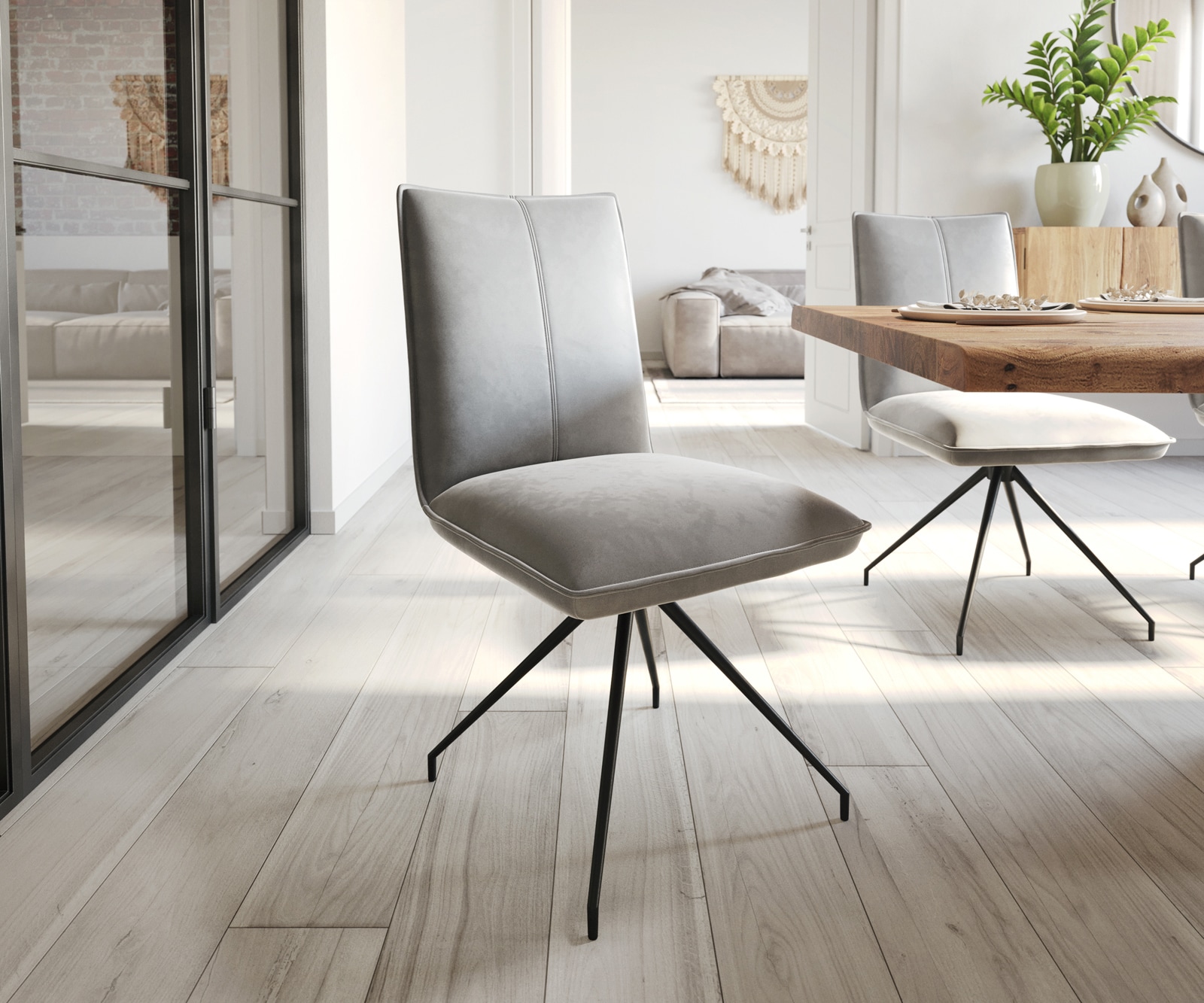 Chaise-de-salle-à-manger Lelio-Flex velours gris pied croisé conique noir ressorts ensachés Chaise-de-salle-à-manger Lelio-Flex velours gris pied croisé conique noir ressorts ensachés