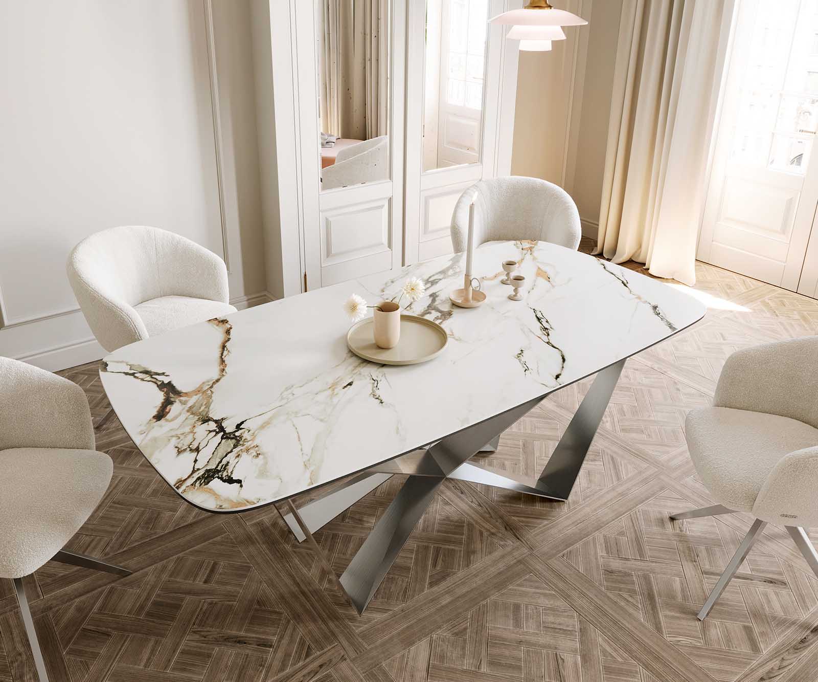 Table à manger Edge en forme de bateau 200x100 céramique Calacatta Luxe blanc-doré-gris Spider acier plat acier inoxydable 4
