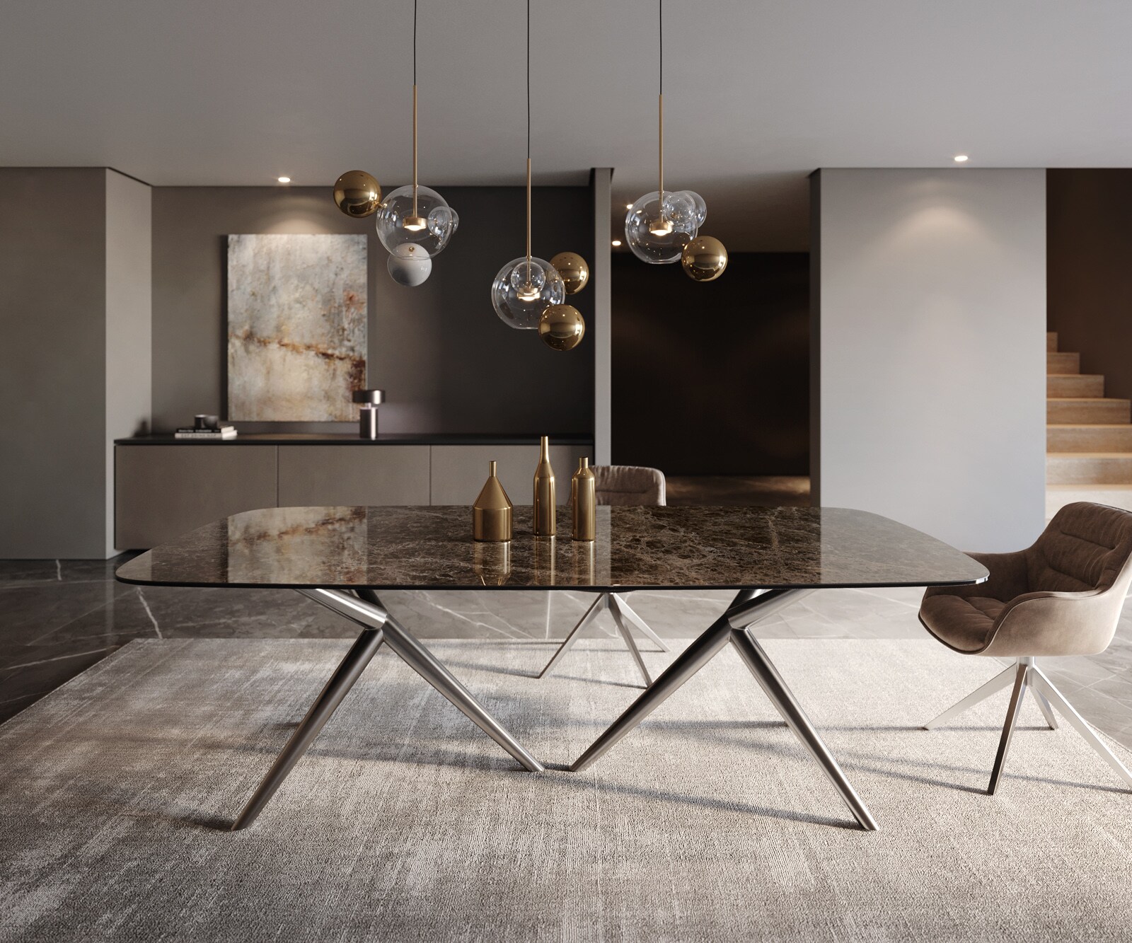 Table de salle à manger Edge Boot Céramique Emperador Extra Lucidato Brun foncé 240x120 Estelar rond Acier inoxydable 2