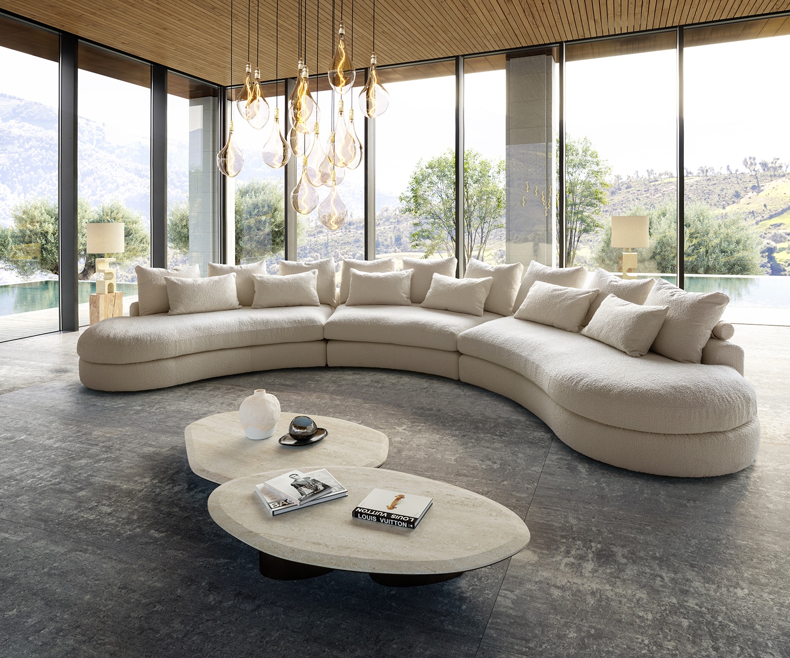 canapé panoramique Estrea tissu bouclé crème-blanc 500x250 cm 