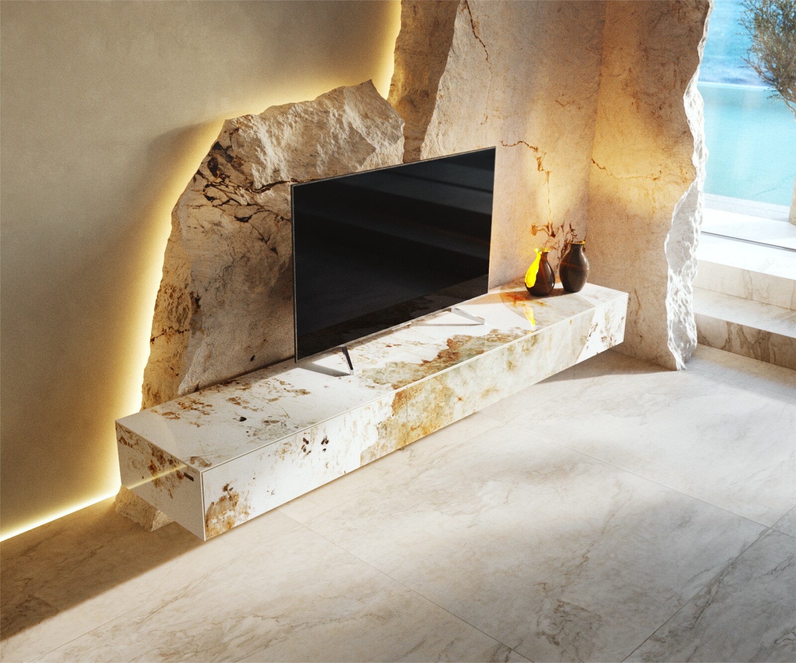 Meuble-TV Cuor 200 cm Céramique Minas Melange Blanc-beige 1 Clapet 1 Tiroir Flottant 3