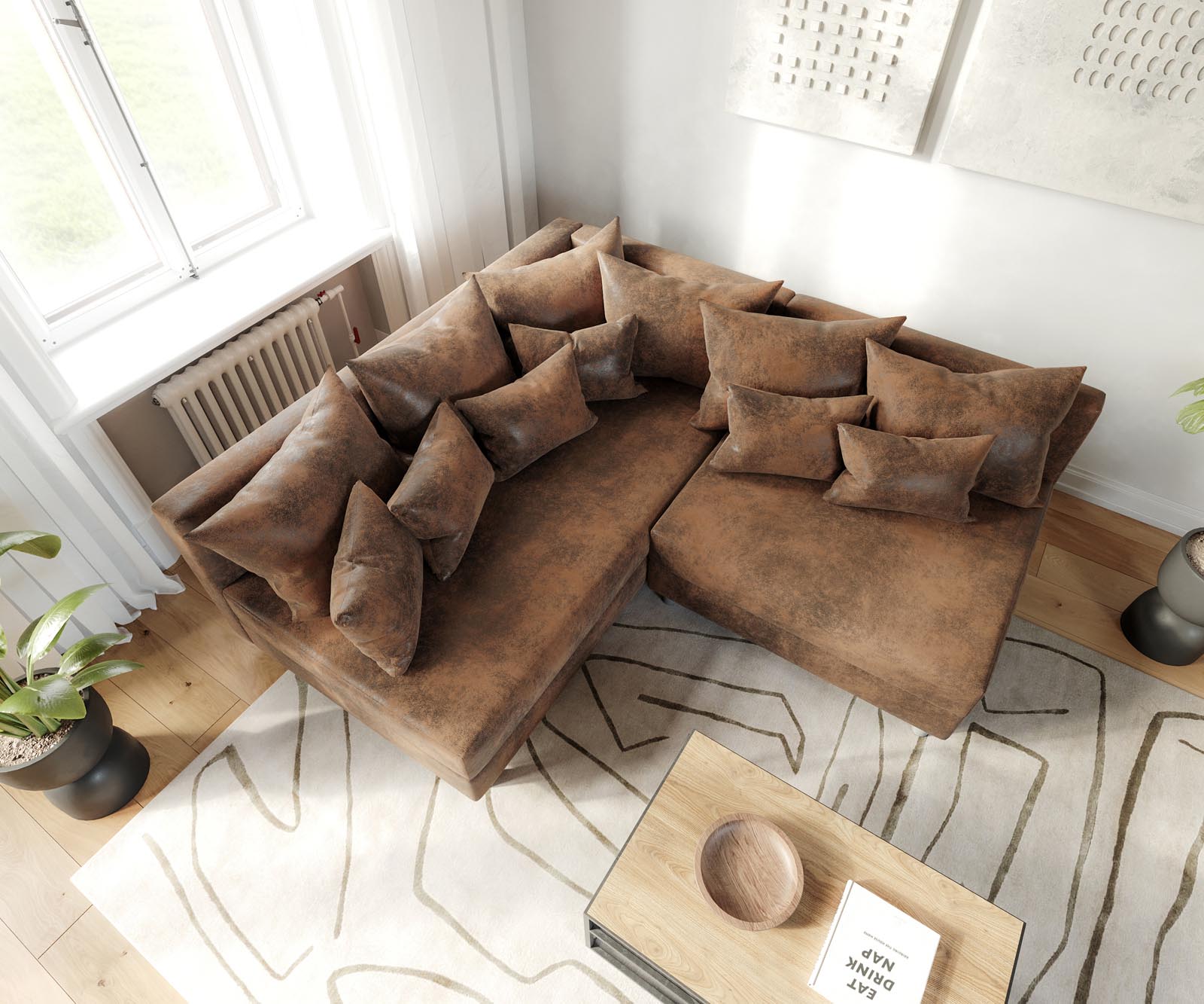 Canapé d'angle Clovis marron aspect antique ottoman gauche canapé module 3 Canapé d'angle Clovis marron aspect antique ottoman gauche canapé module 3