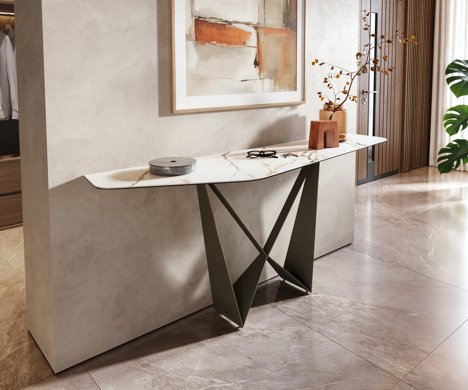 Console Edge Polygonal 180x50 cm Céramique Calacatta Luxe Weiß-Gold-Gris Spios Métal Effektfinish Titan