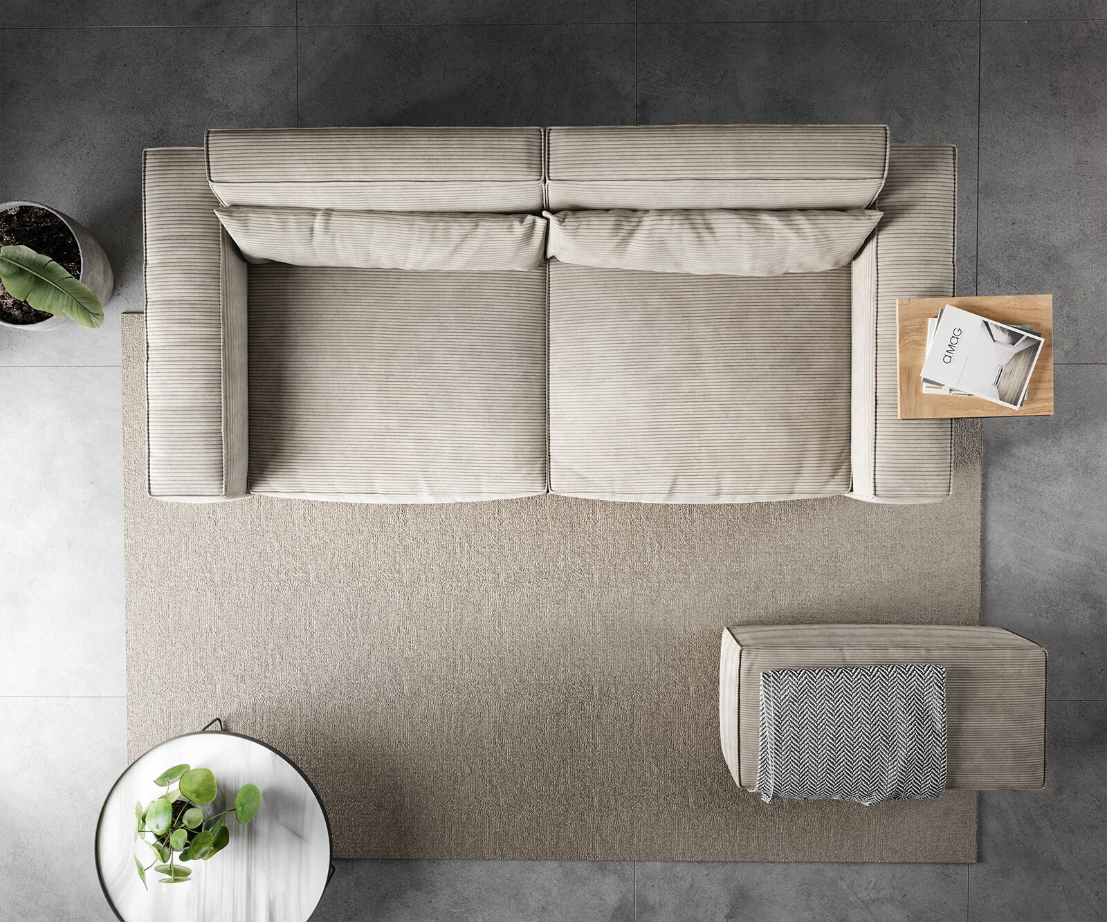 Big-Sofa Sirpio 230x90 cm Velours côtelé Beige avec Tabouret 5