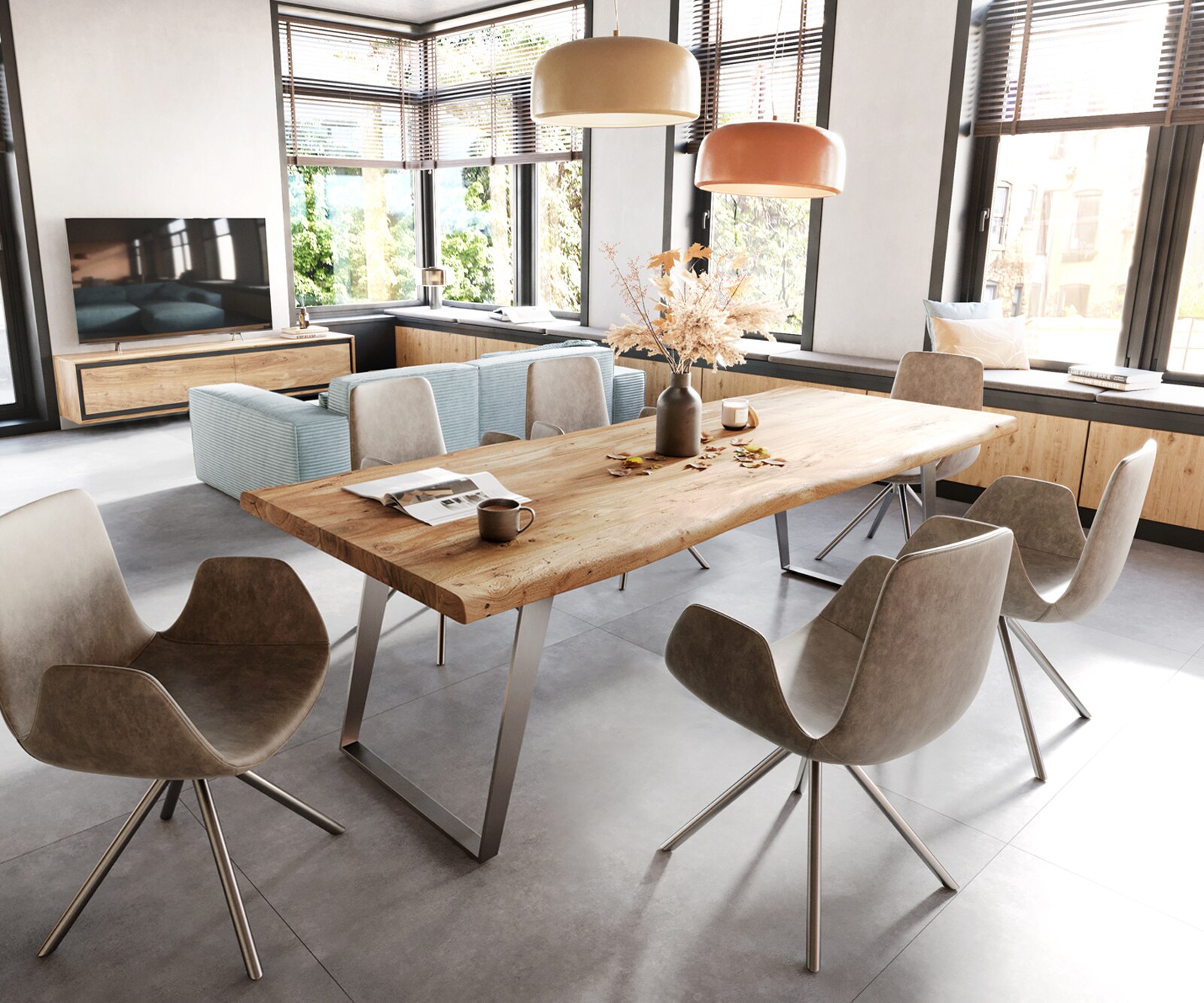Table à manger Edge 280x100 XL acacia nature acier inoxydable inclinée Live-Edge 6