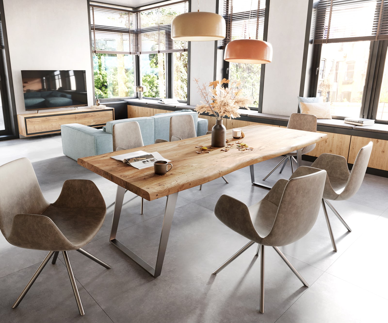 Table à manger Edge 280x100 XL acacia nature acier inoxydable inclinée Live-Edge 5 Table à manger Edge 280x100 XL acacia nature acier inoxydable inclinée Live-Edge 5