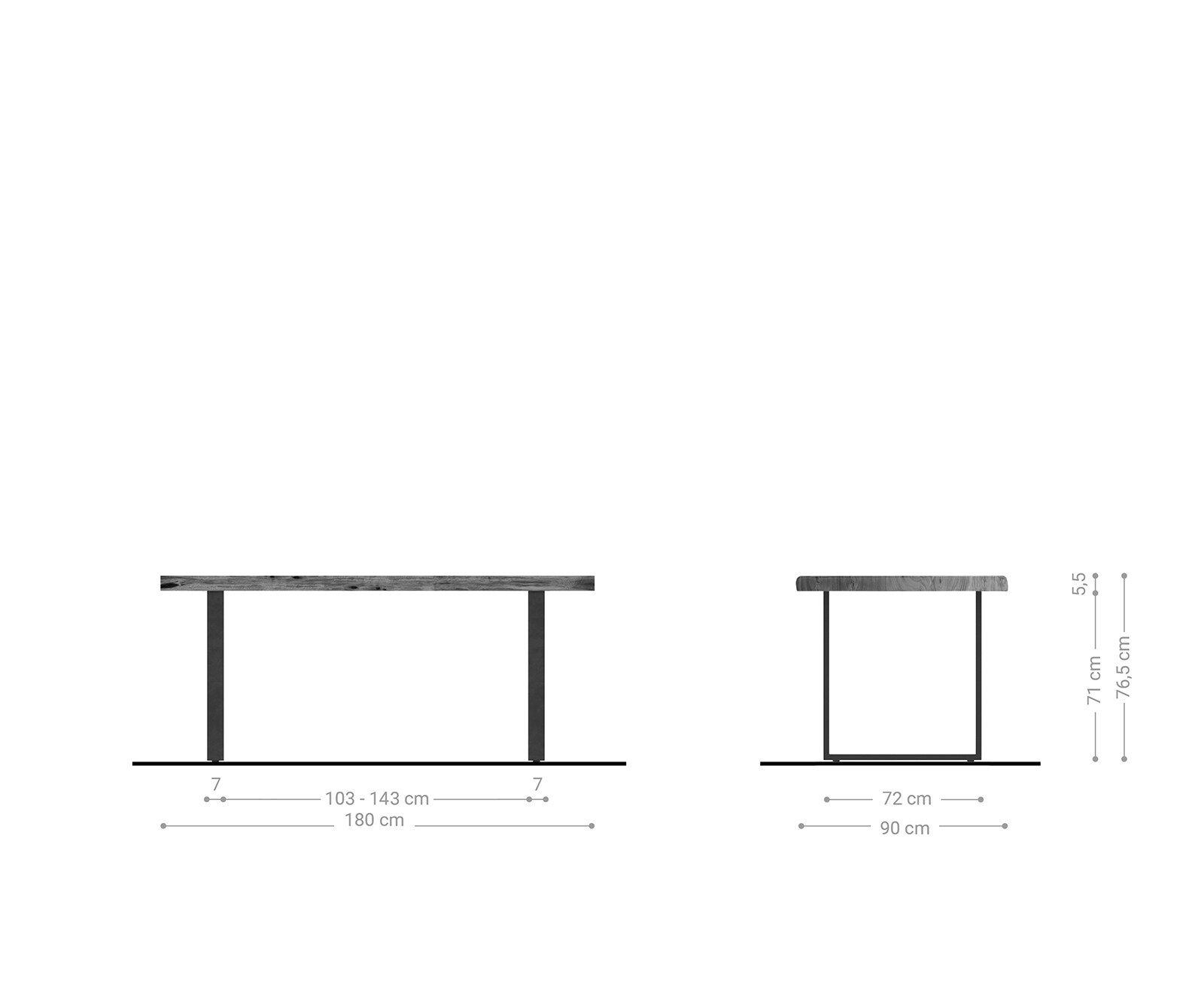 Table à manger Edge 180x90 XL acacia naturel cadre traîneau noir Live-Edge 5