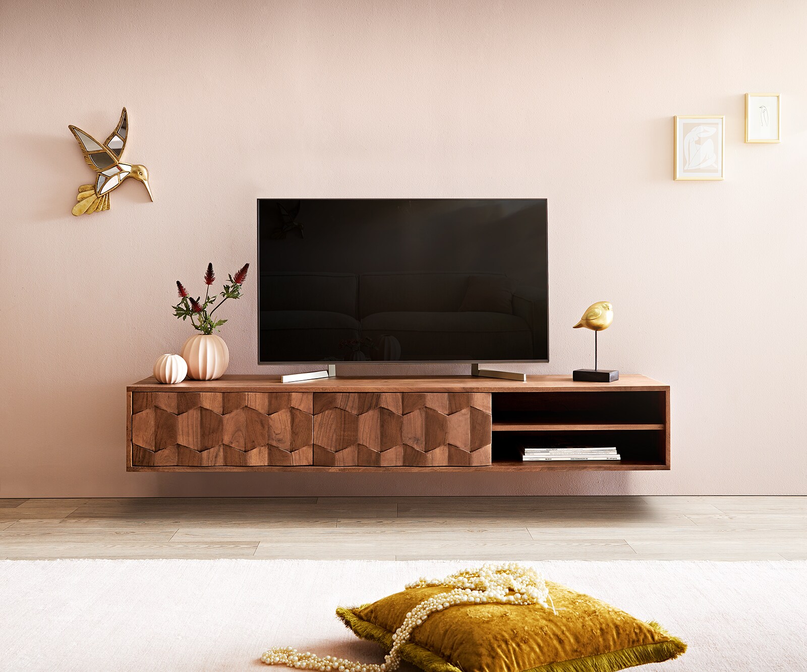 Buffet bas Fevo 160 cm acacia marron 2 portes flottant 1