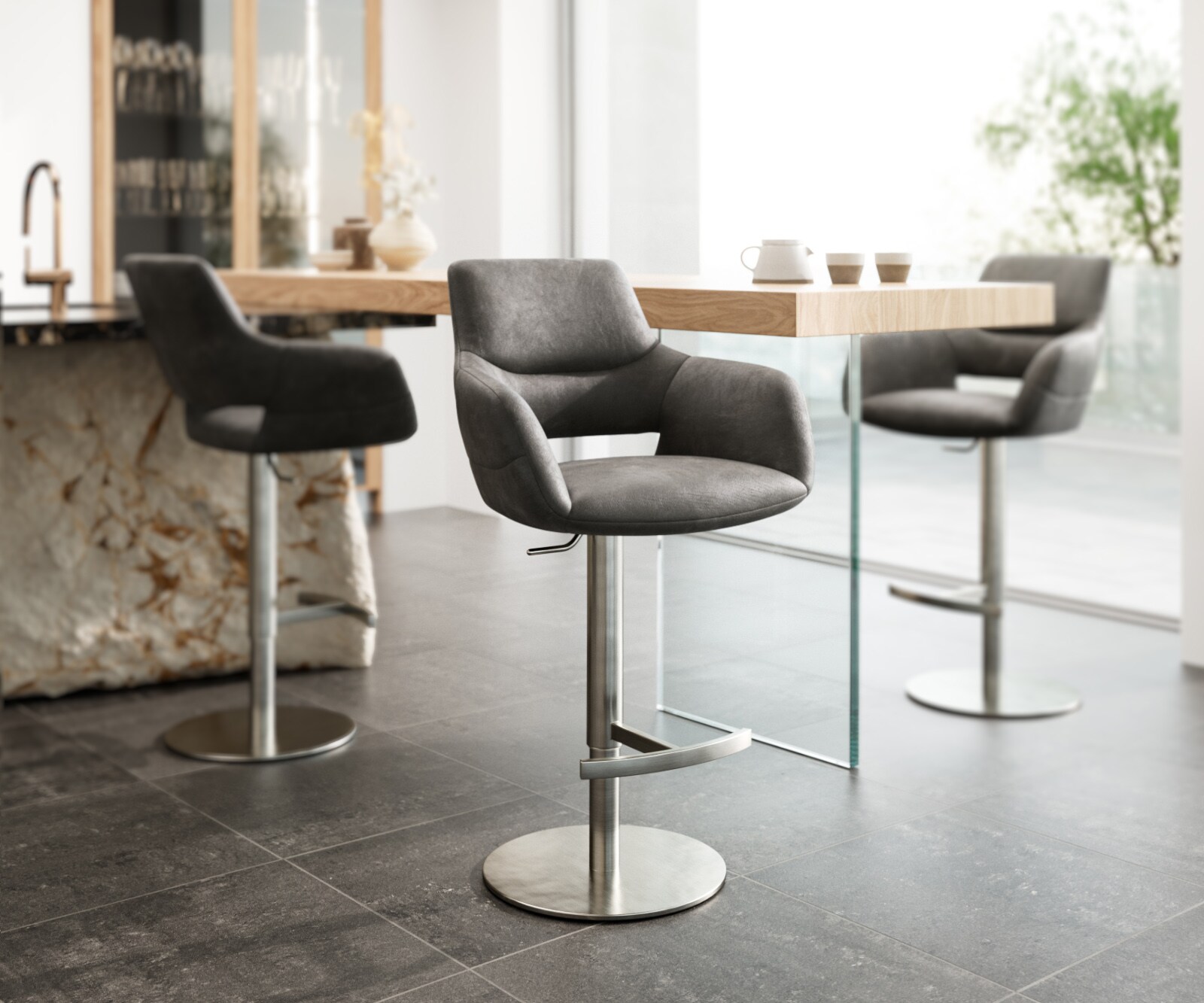Chaise-de-bar Yago-Flex microfibre anthracite vintage pied pivotant réglable en hauteur acier inoxydable pivotant ressorts ensachés