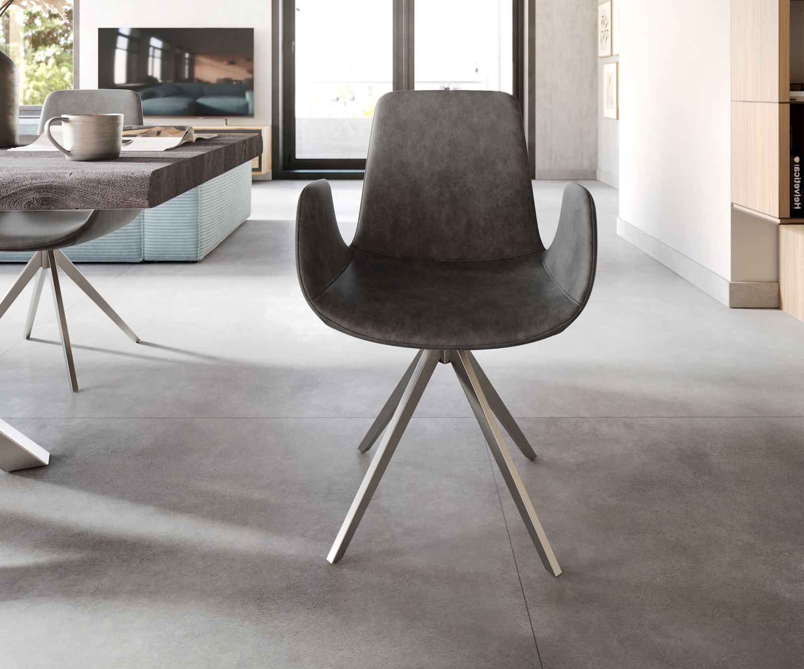 Chaise-de-salle-à-manger Ilia-Flex avec accoudoirs microvelours anthracite vintage pied croisé angulaire acier inoxydable brossé 1 Chaise-de-salle-à-manger Ilia-Flex avec accoudoirs microvelours anthracite vintage pied croisé angulaire acier inoxydable brossé 1