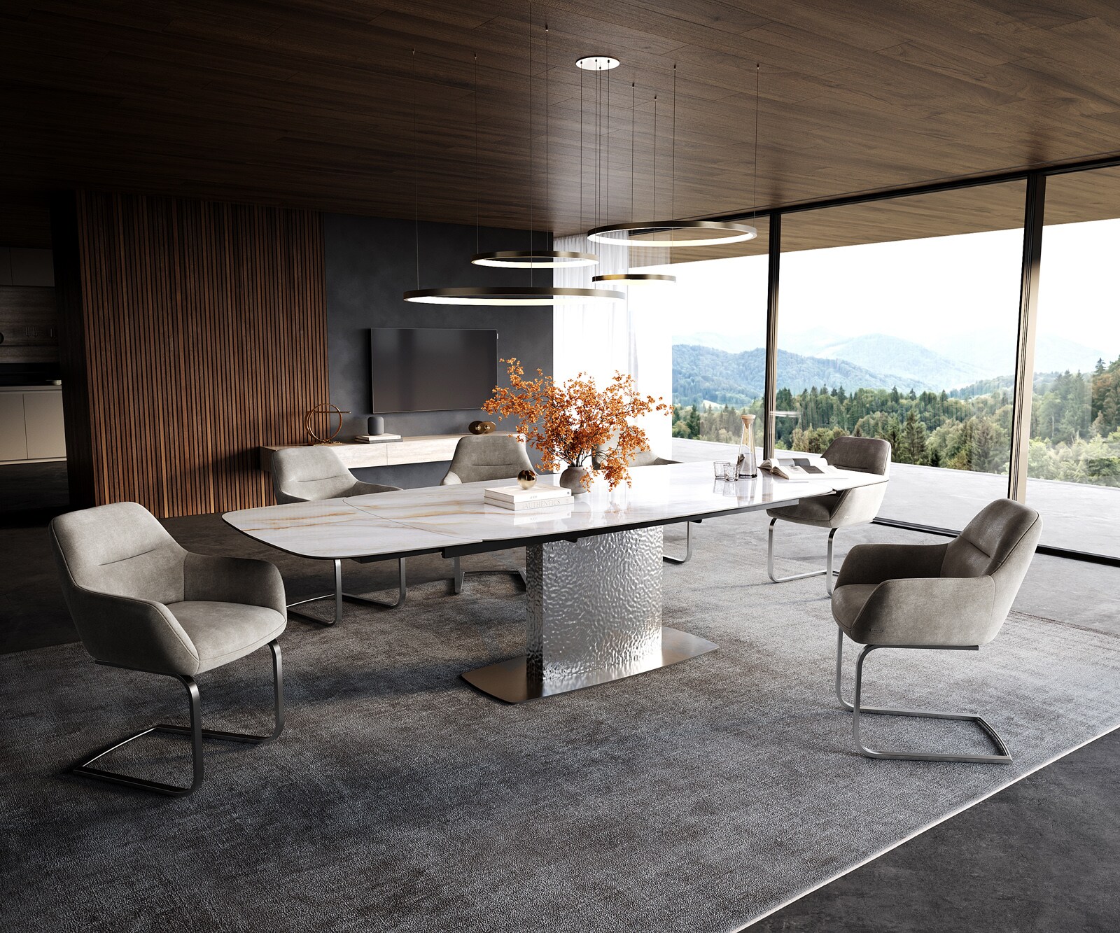 Table à manger Edge forme bateau 200-300x120 cm céramique Onyx Pearl Wave inox extensible 6