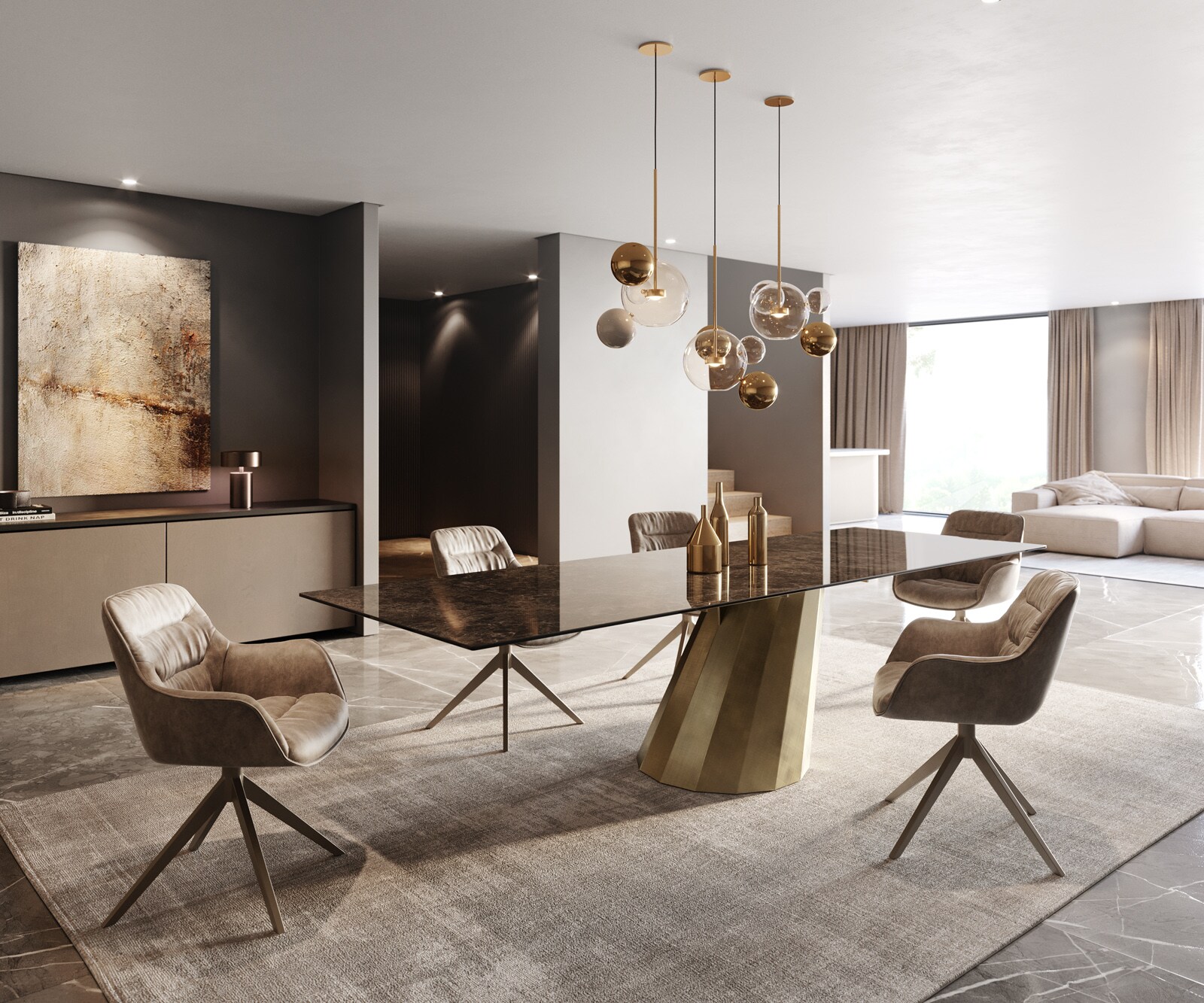 Table à manger Edge 300x100 céramique Laminam® Emperador Extra Lucidato marron foncé parabole métallique doré 6