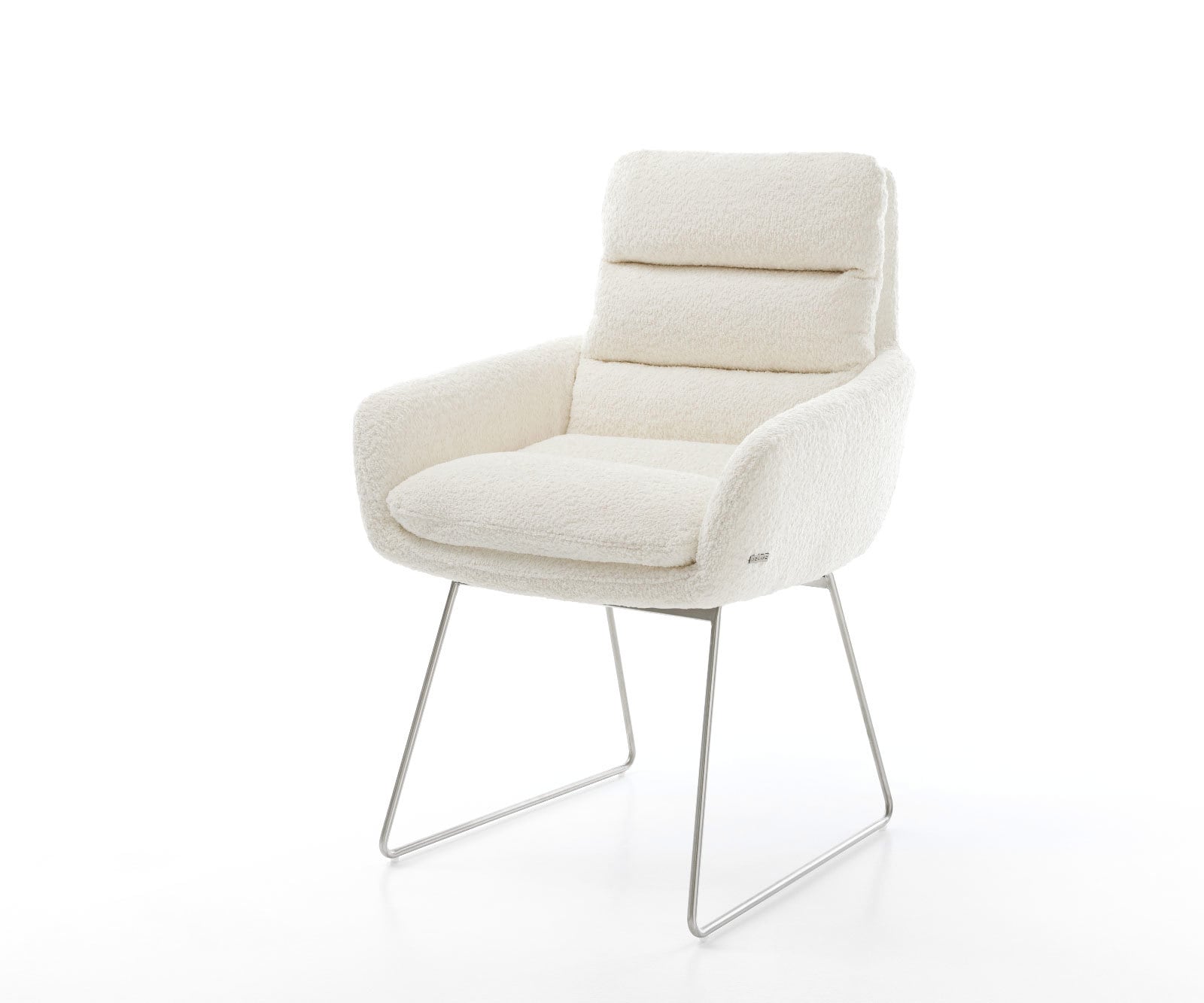 Chaise-de-salle-à-manger Abelia-Flex avec accoudoirs bouclé blanc pied trapèze acier inoxydable brossé Chaise-de-salle-à-manger Abelia-Flex avec accoudoirs bouclé blanc pied trapèze acier inoxydable brossé