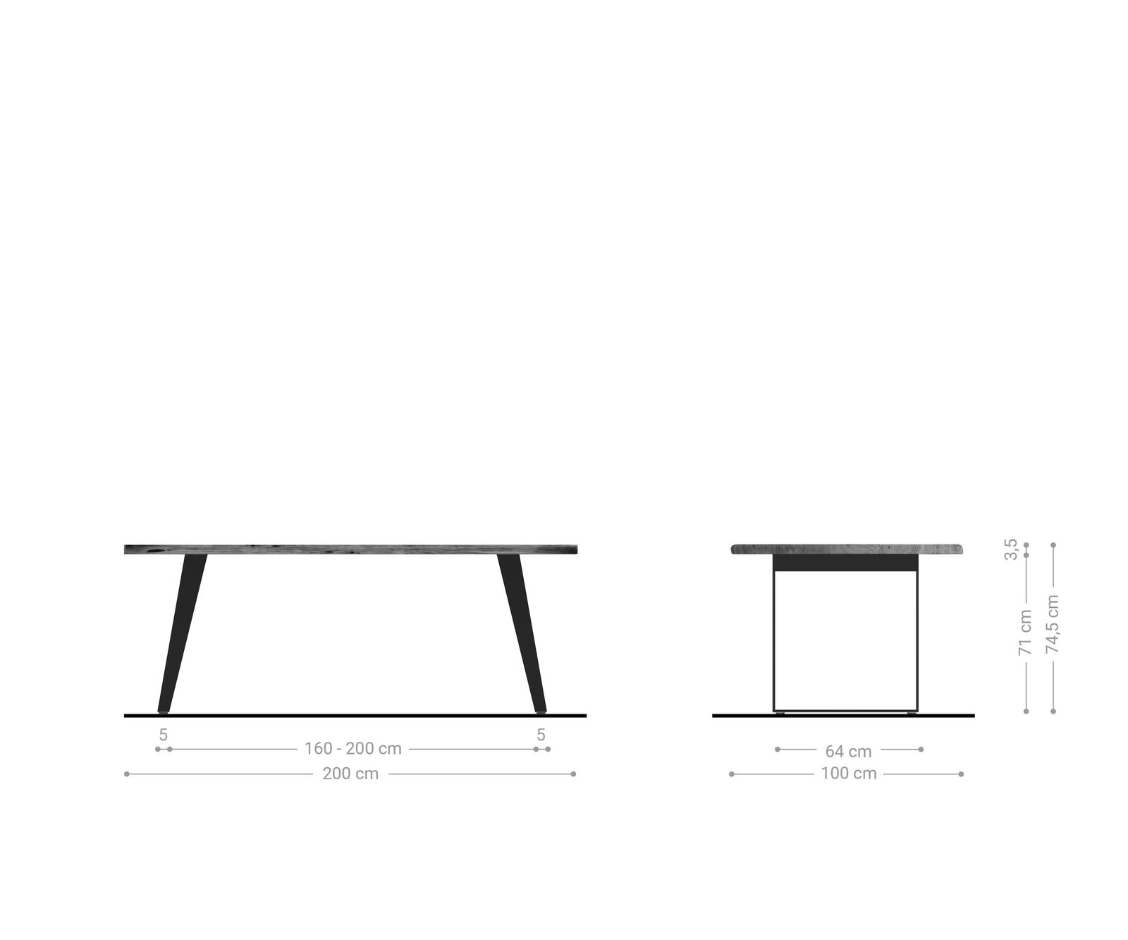 Table-à-manger Edge 200x100cm acacia nature acier inoxydable argent incliné Live-Edge 6