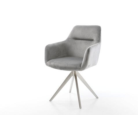 Chaise-de-salle-à-manger Pejo-Flex velours gris pied croisé angulaire acier inoxydable brossé ressorts ensachés