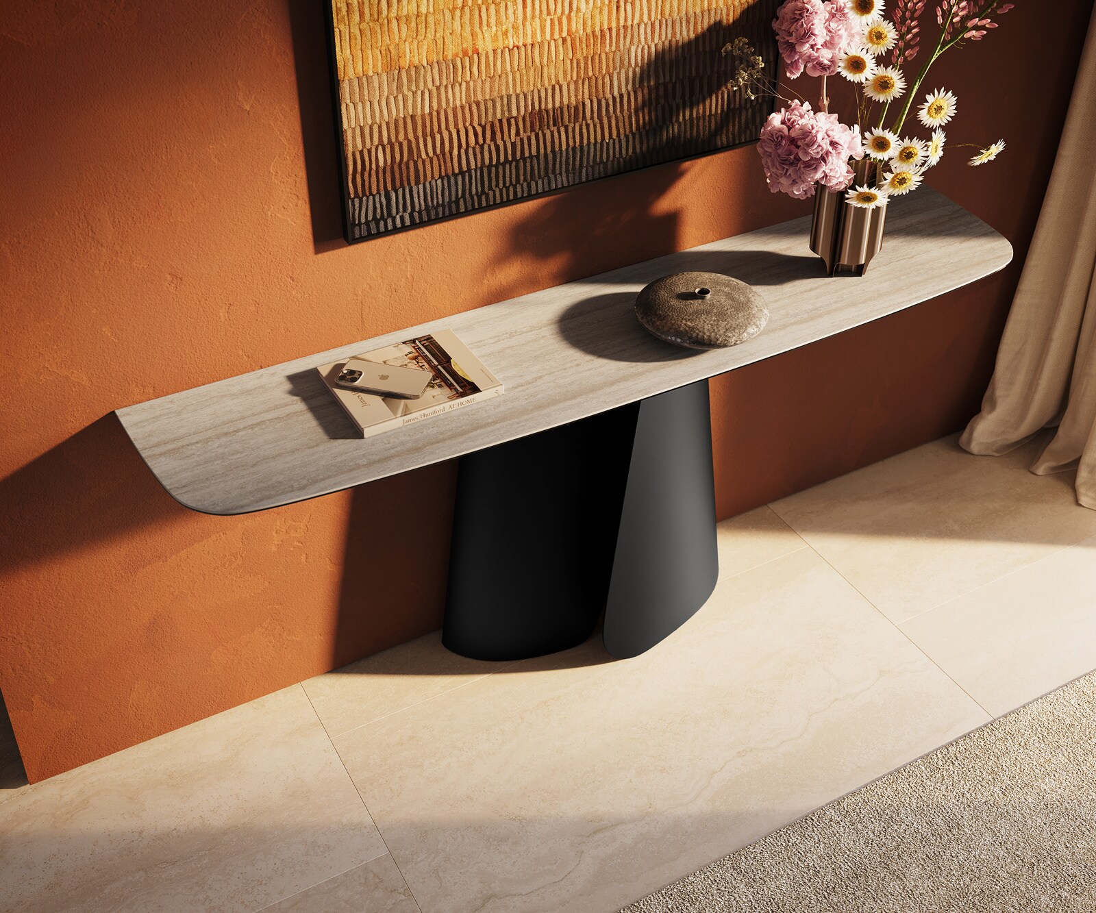 Console Edge forme bateau 180x40 cm Céramique Laminam® Travertino Bianco Creme-Weiß Livos Métal Noir 3