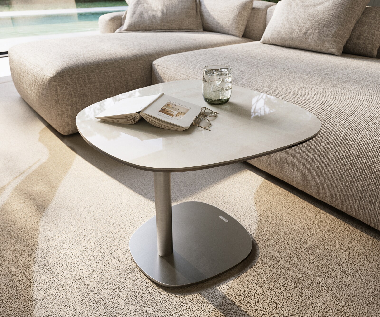 table d’appoint Edge forme bateau 60x60 cm céramique Onyx Champagne Eleny acier inoxydable brossé 6