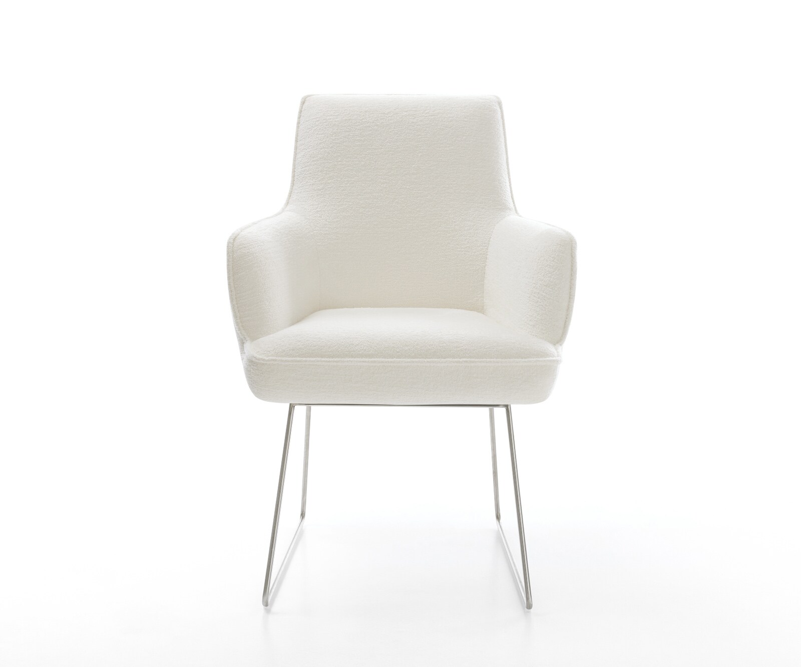 Chaise-de-salle-à-manger Heira-Flex avec accoudoirs bouclé doux beige pied trapèze acier inoxydable resorts ensachés 2