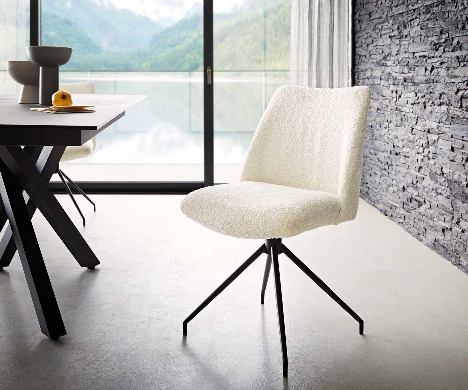 Chaise-pivotante Elso-Flex bouclé blanc pied croisé conique noir pivotement sur 180° ressorts ensachés