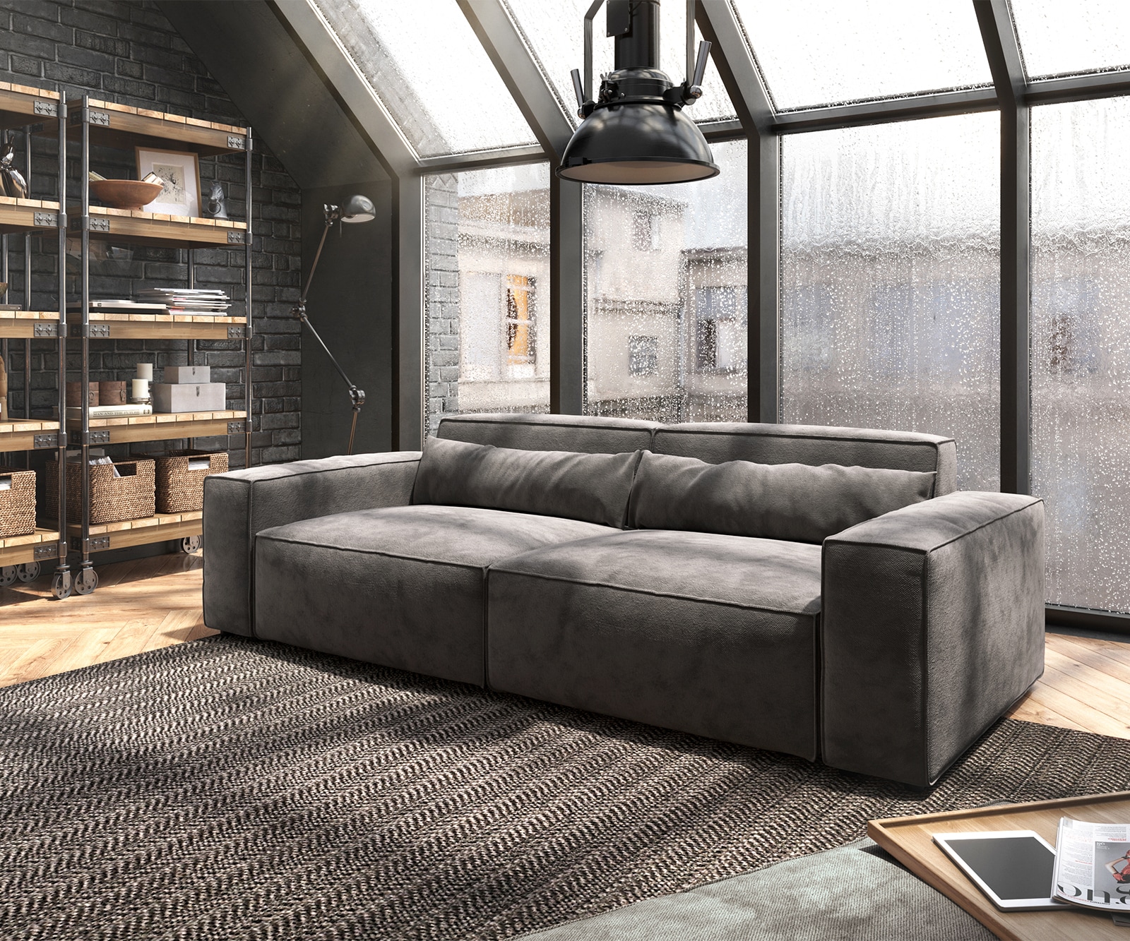 Grand Canapé Sirpio 230x95 cm Microfibre Marron Kaki avec Tabouret Grand Canapé Sirpio 230x95 cm Microfibre Marron Kaki avec Tabouret