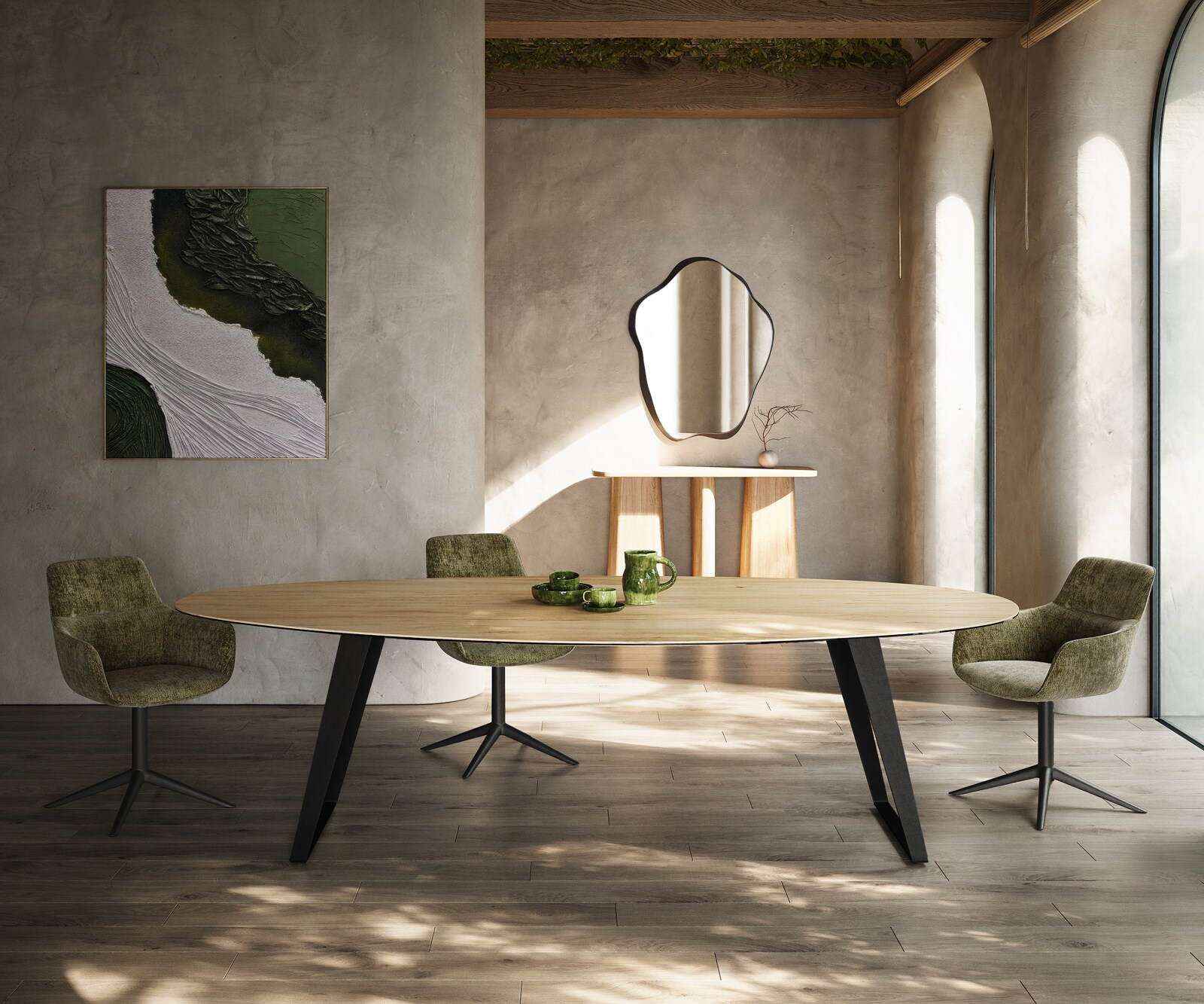 Table à manger Edge Oval 280x130 cm Céramique Laminam® Sabbia couleur chêne Métal Oblique Noir 2