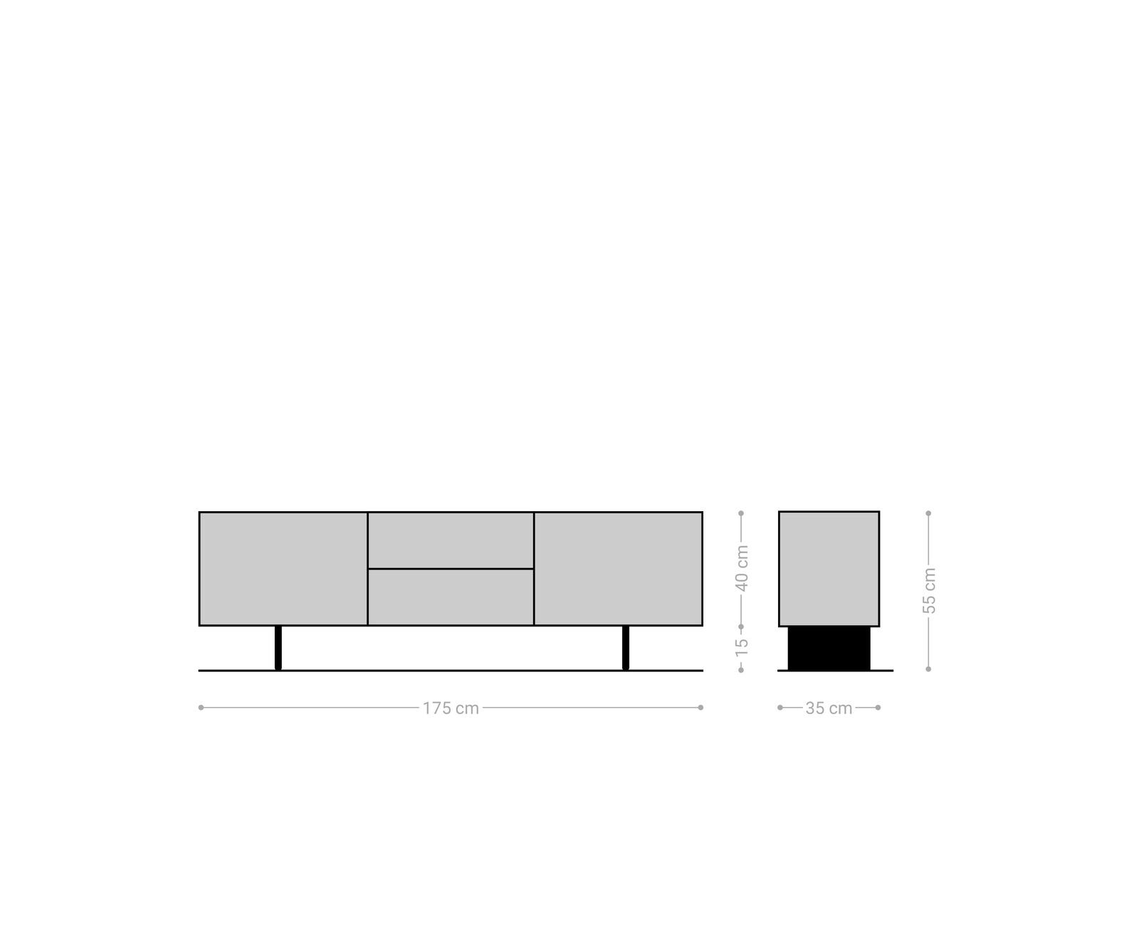 Meuble TV Solu 175 cm en chêne naturel 2 portes 2 tiroirs Pieds en métal noir face avant 3D. 6